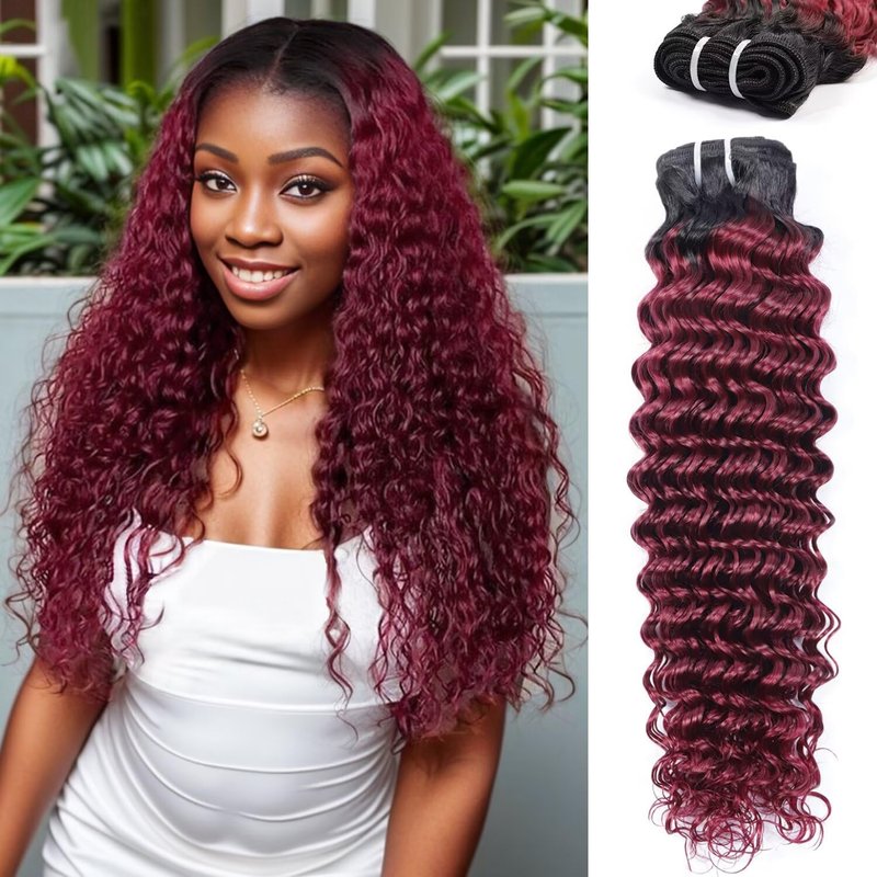 Human Hair Bundles - 16 Inch Deep Wave 100% Unprocessed Brazilian Virgin Hair | Honey 99J Burgundy Color
