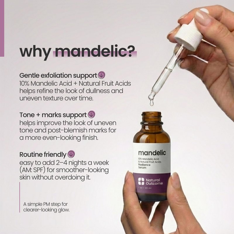 Mandelic Acid Serum 10% | Anti-Aging AHA Facial with Hyaluronic Acid | Targets Fine Lines, Dark Spots, and Wrinkles | Clarifies Acne and Stimulates Natural Collagen Production | 1 Oz Natural Outcome