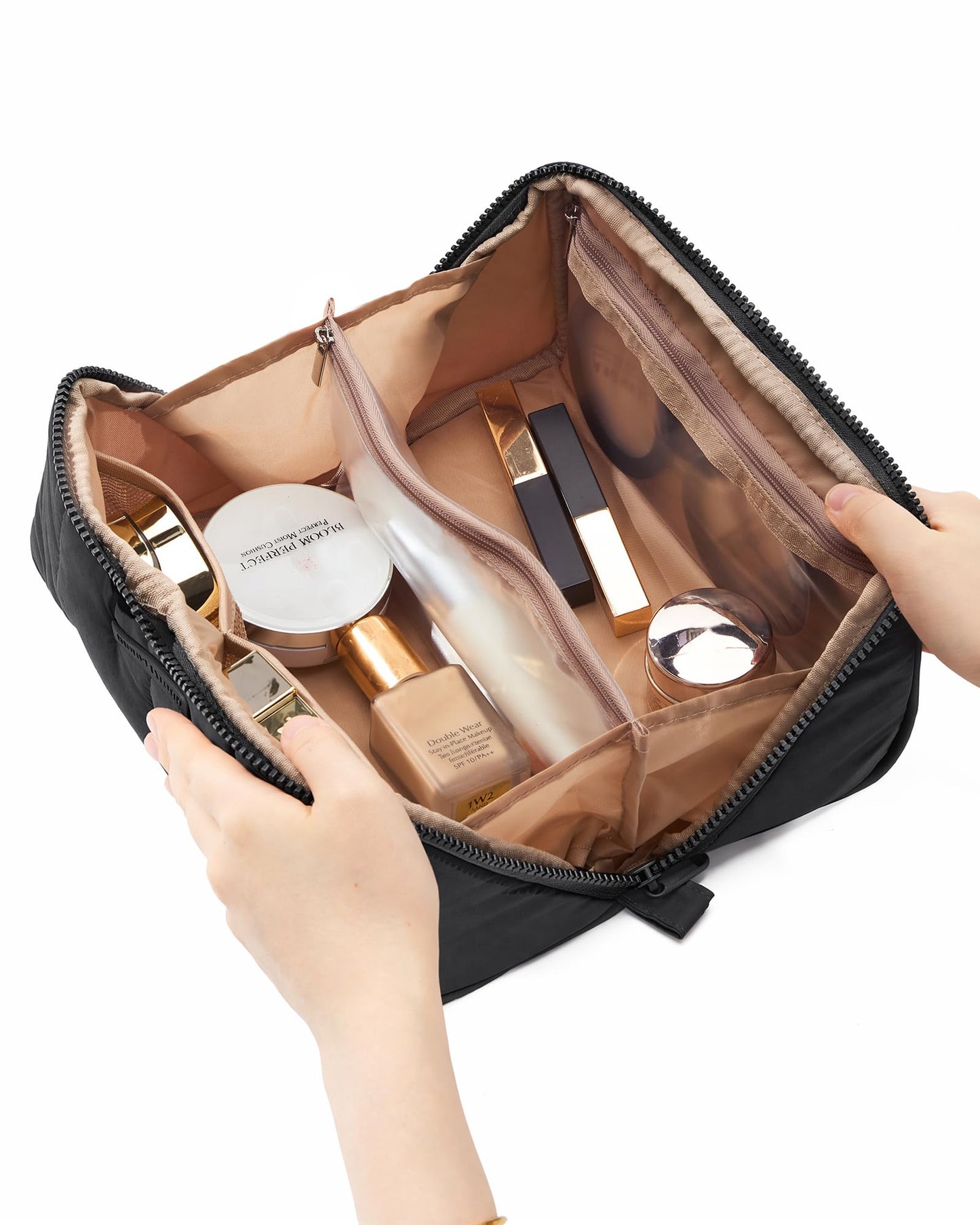 NISHEL Travel Makeup Bag for Women, Fluffy & Lightweight Open Flat Cosmetic Organizer with Multiple Functional Divider for Brush Independent Storage, Handle for Easy Portability, Black