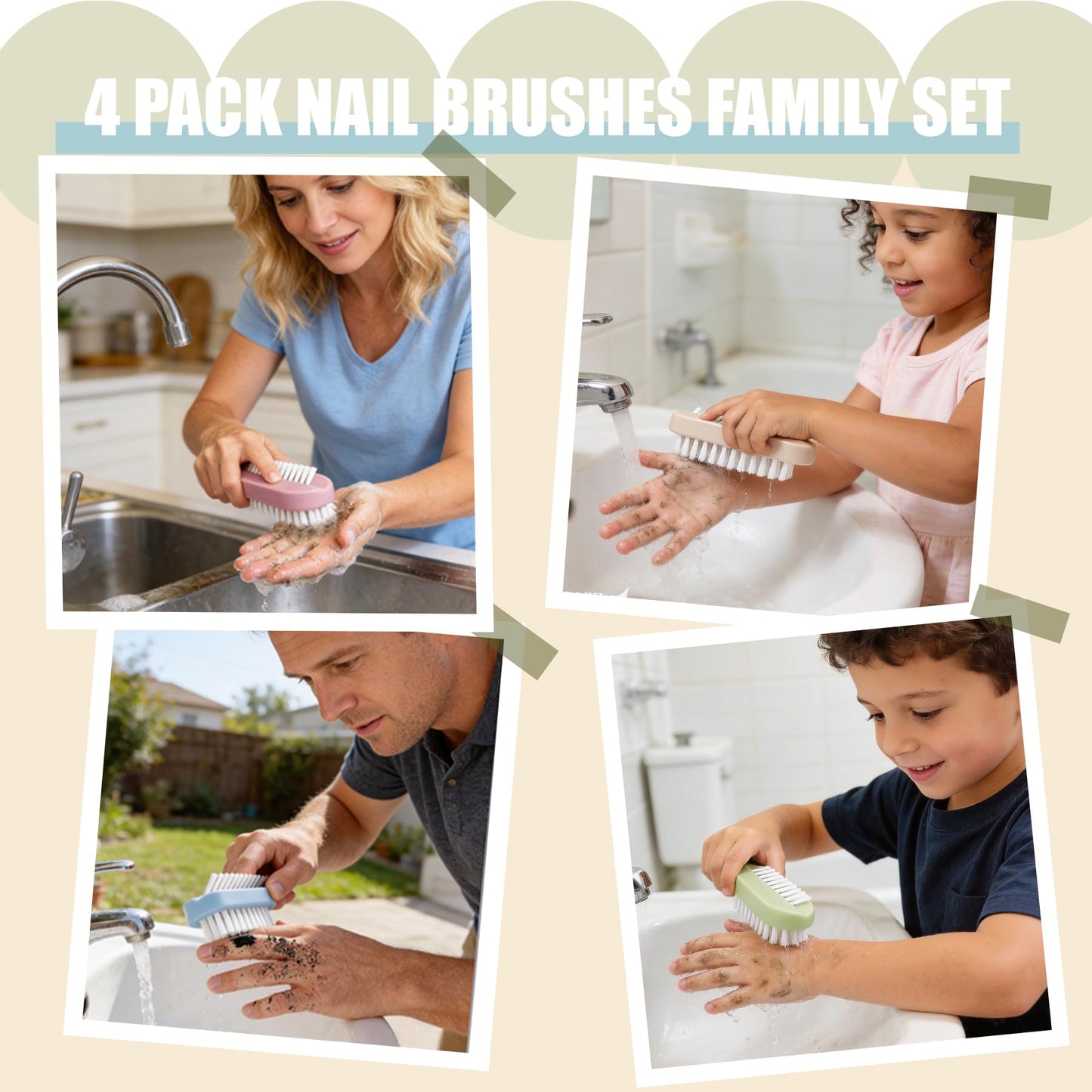 Nail Brush for Cleaning Fingernails 2 Sided Hand Fingernail Scrub Brush with Soft Stiff Bristles Nail Cleaning Brush 4PCS Nail Scrubber Brushes for Men Women Kids