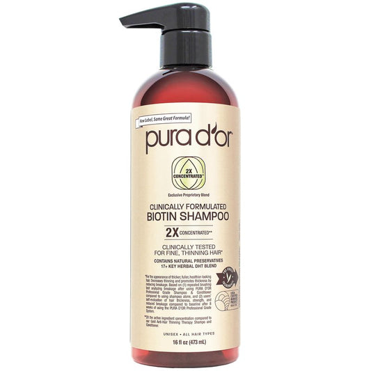PURA D'OR 16 Oz Clinically Formulated Biotin Shampoo - Daily Hair Care Routine For Thinning Hair - 2X Concentrated 17+ Key Herbal Blend Hair Thickening Products For Women & Men