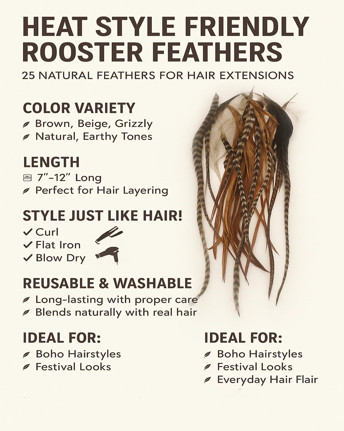 Sexy Sparkles Feather Hair Extension – 25 Loose Long Natural Rooster Feathers in Brown, Beige, and Grizzly, All Individual Feathers, Ranging From 6 to 11 Inches in Length