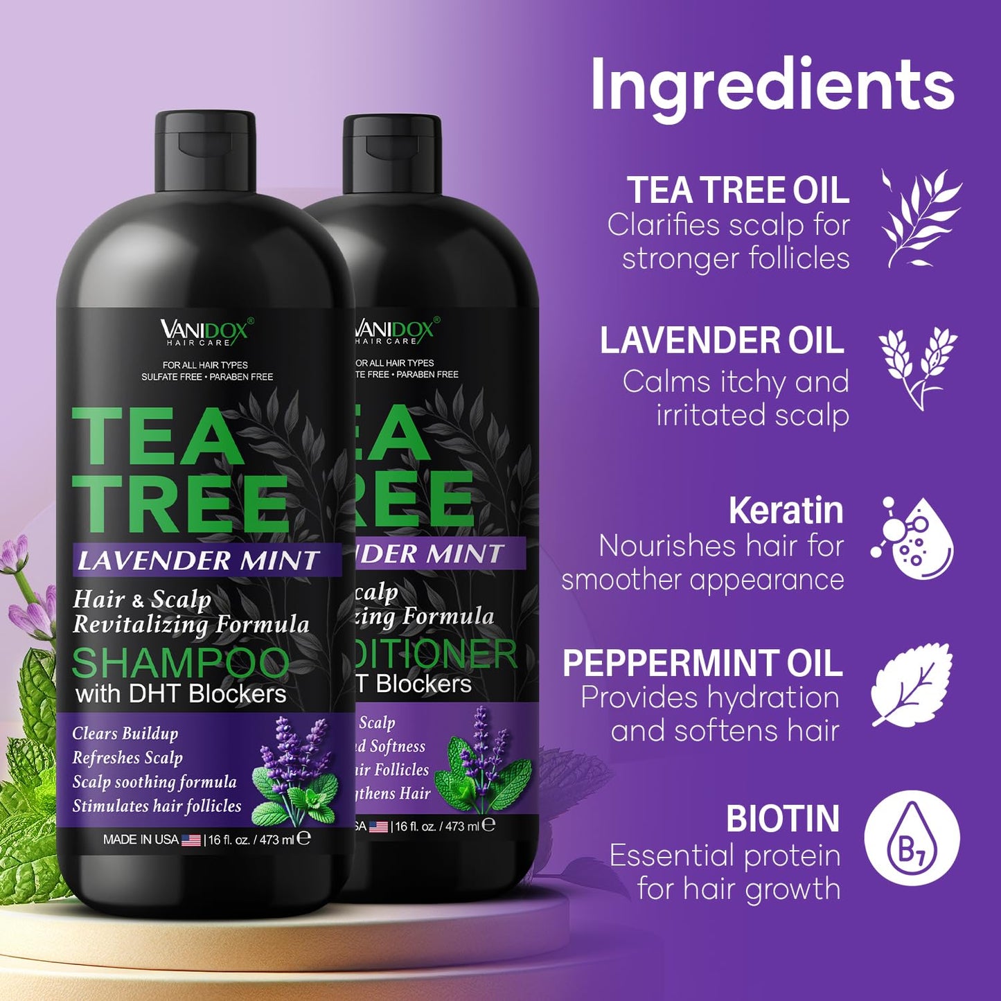 Vanidox Tea Tree Shampoo and Conditioner Set with Lavender and Mint | DHT Blockers | With 100% Pure Tea Tree Oil for Itchy, Dry Scalp | Sulfate & Paraben Free | For Men & Women | 16 fl oz Each