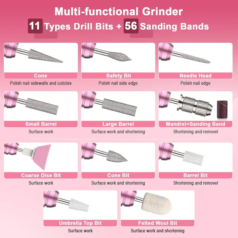 Professional Electric Nail Efile Machine - 20000RPM Nail Drill with 11 Bits & 56 Sanding Bands | Manicure Tools for Acrylic Nails