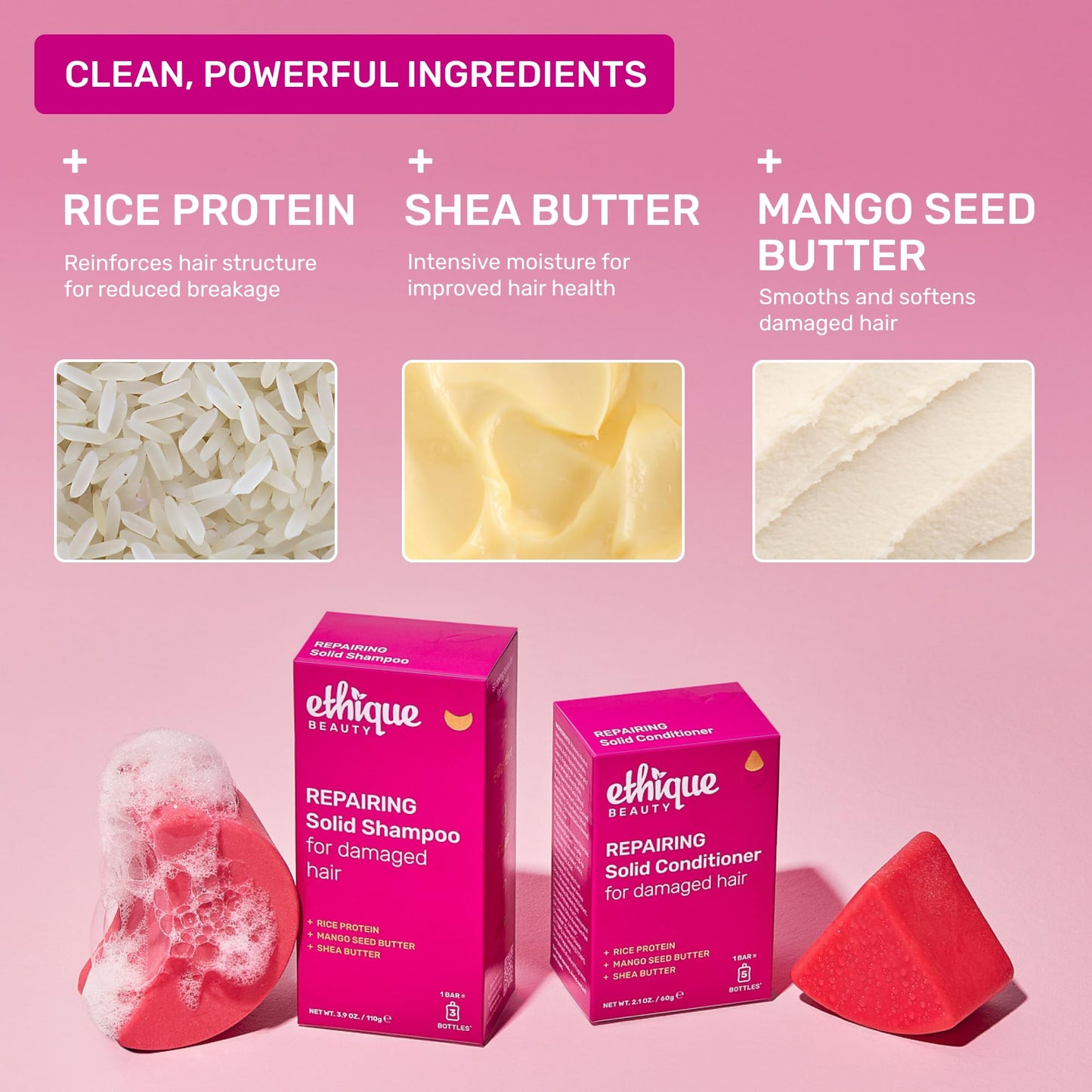 Ethique Beauty Rice Protein Repairing Shampoo & Conditioner Bar Set for Damaged Hair - Plastic-Free, Vegan, Cruelty-Free - 2 Pack