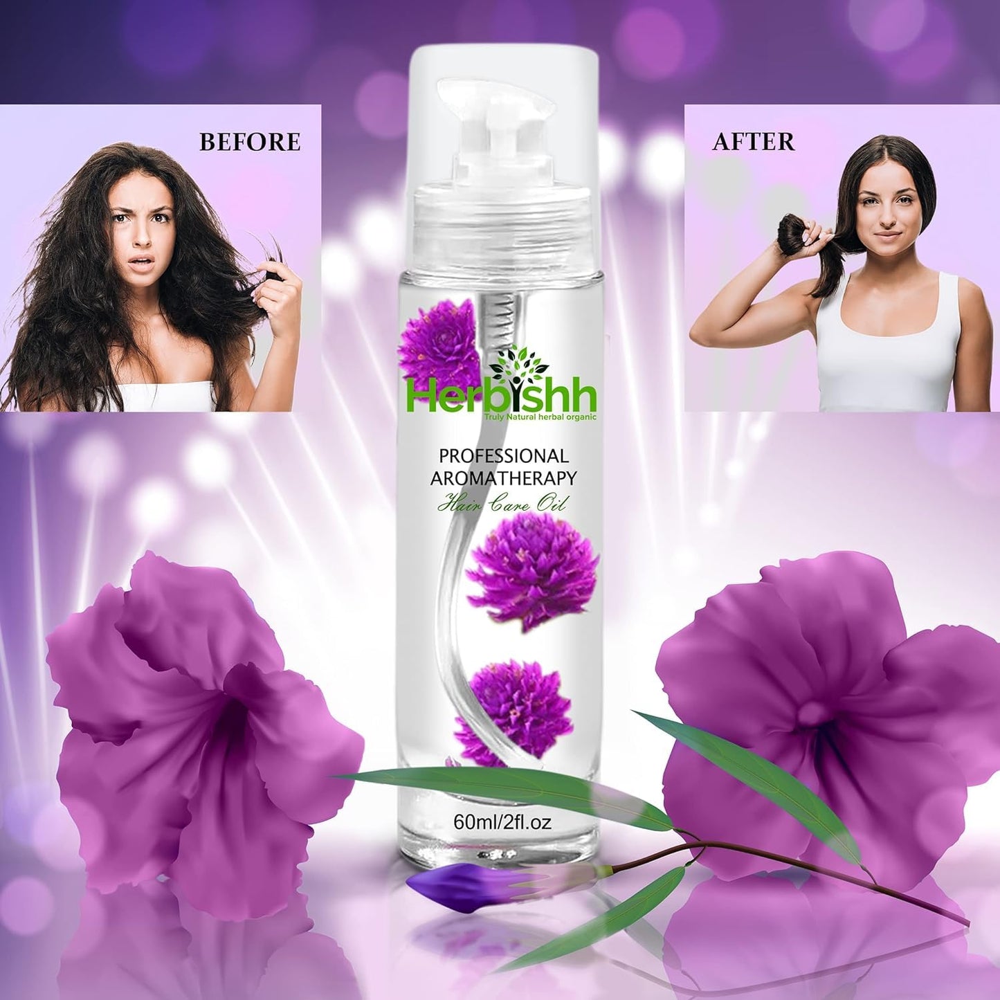 Herbishh Hair Color Shampoo for Gray Hair 500ml Dark Brown + Essential Care Flower Hair Oil for Dry Damaged Hair & Growth 60ml