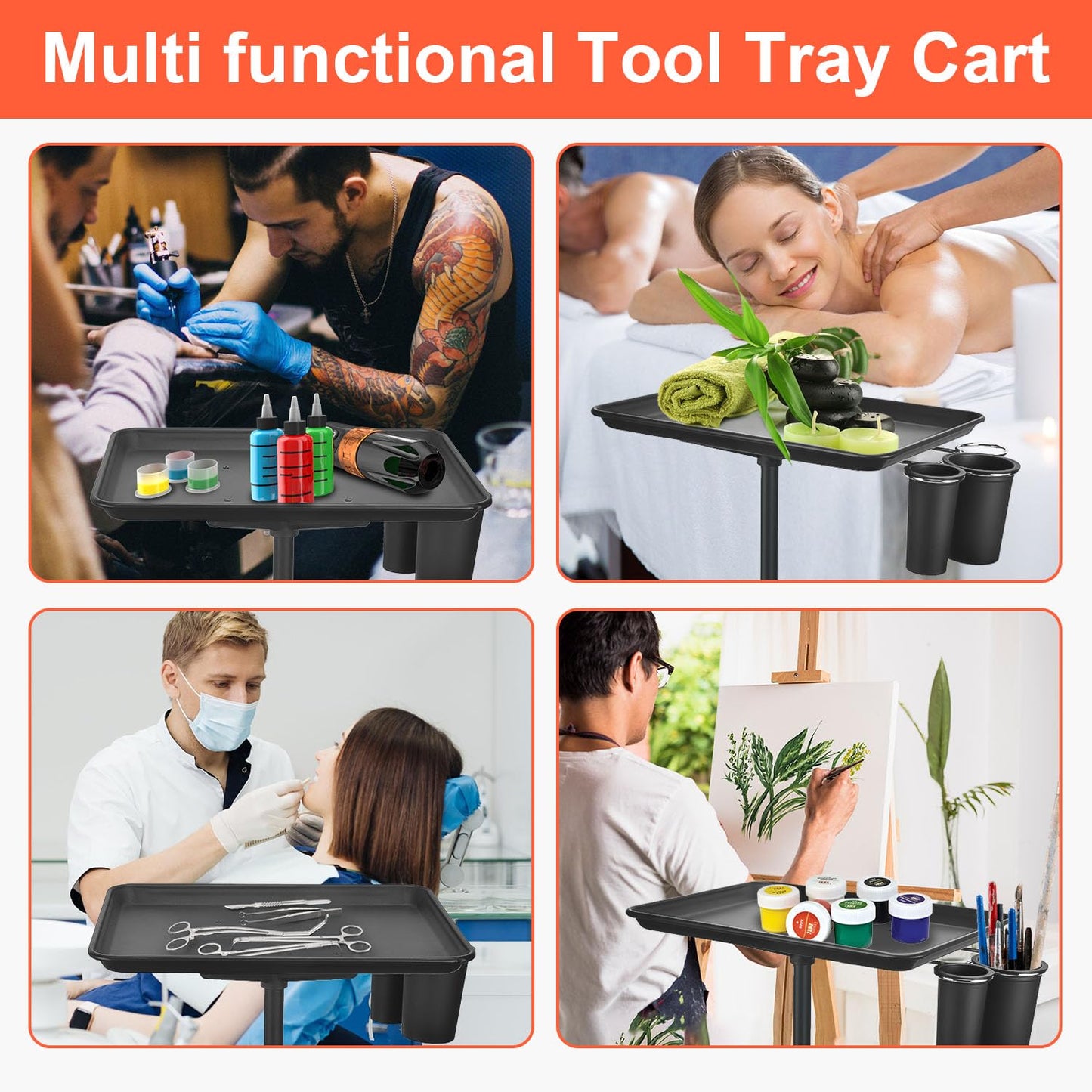 Salon Tray Cart, Metal Tattoo Tray with Tool Holder, Service Rolling Tray Adjustable Height, Storage Tray Trolley for Salon Spa Dental Use, Rolling Tray Cart