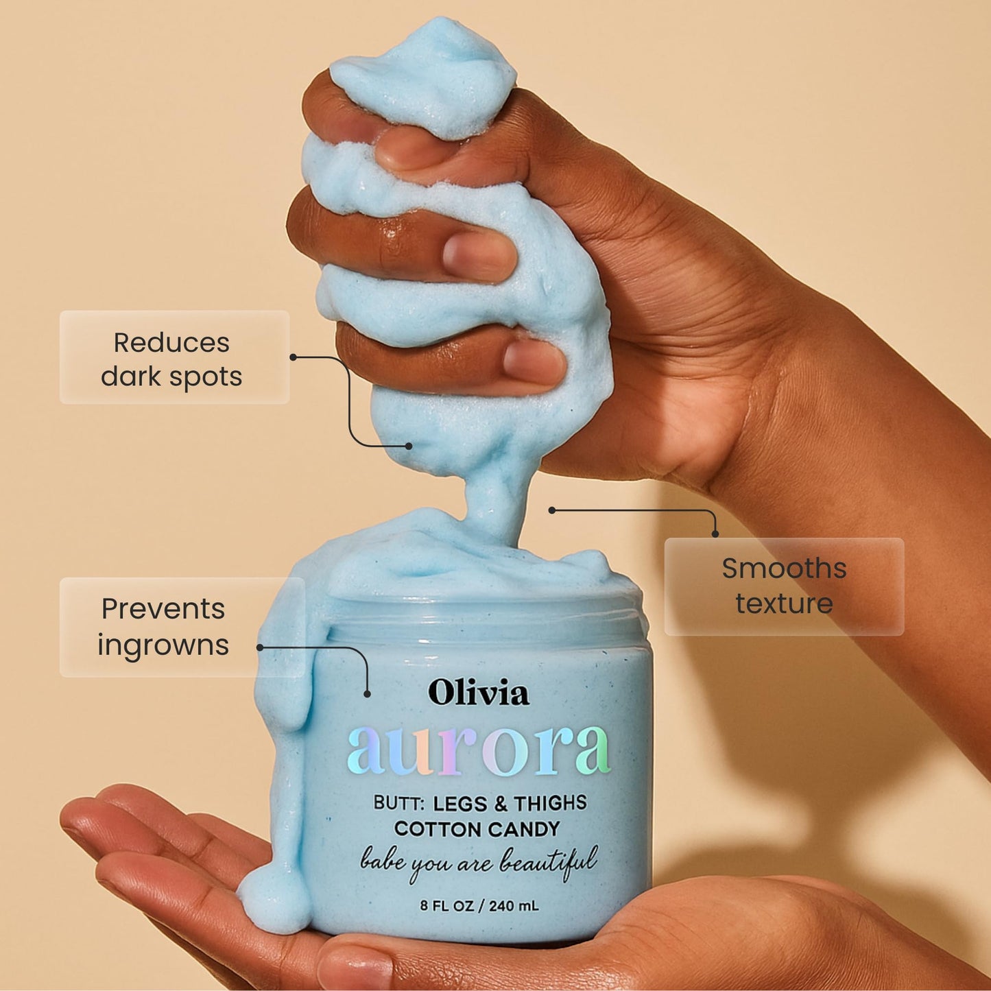 Olivia Aurora Butt & Thigh Scrub – Smooth & Hydrating Exfoliant for Legs and Glutes – Prevents Ingrown Hairs, Razor Bumps & Dark Spots – No Sugar, Vegan – 8 oz