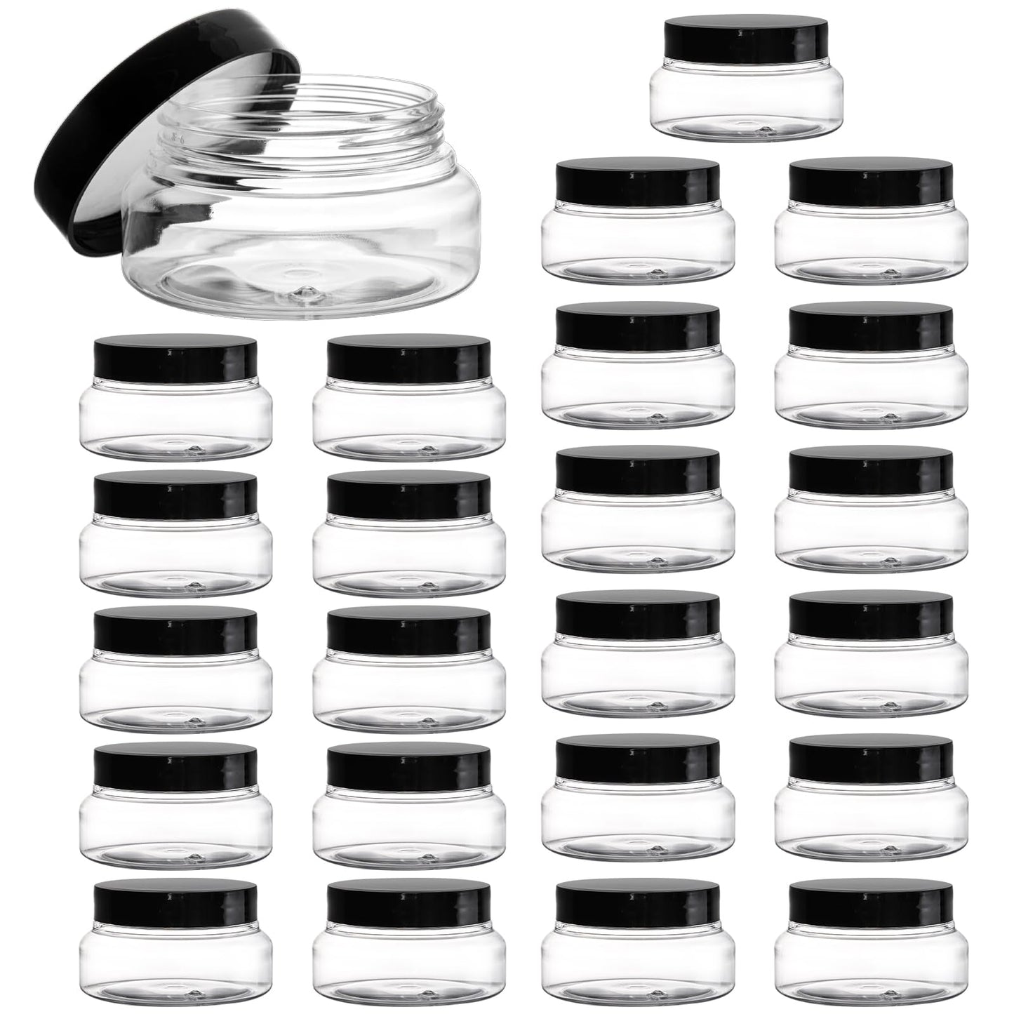 Yarlung 24 Pack 5 Oz Plastic Jars with Lids, Clear Body Scrub Jars Empty Refillable Containers Round Low Profile Samples Jars for Lotion, Body Butter, Sugar Scrub, Cream