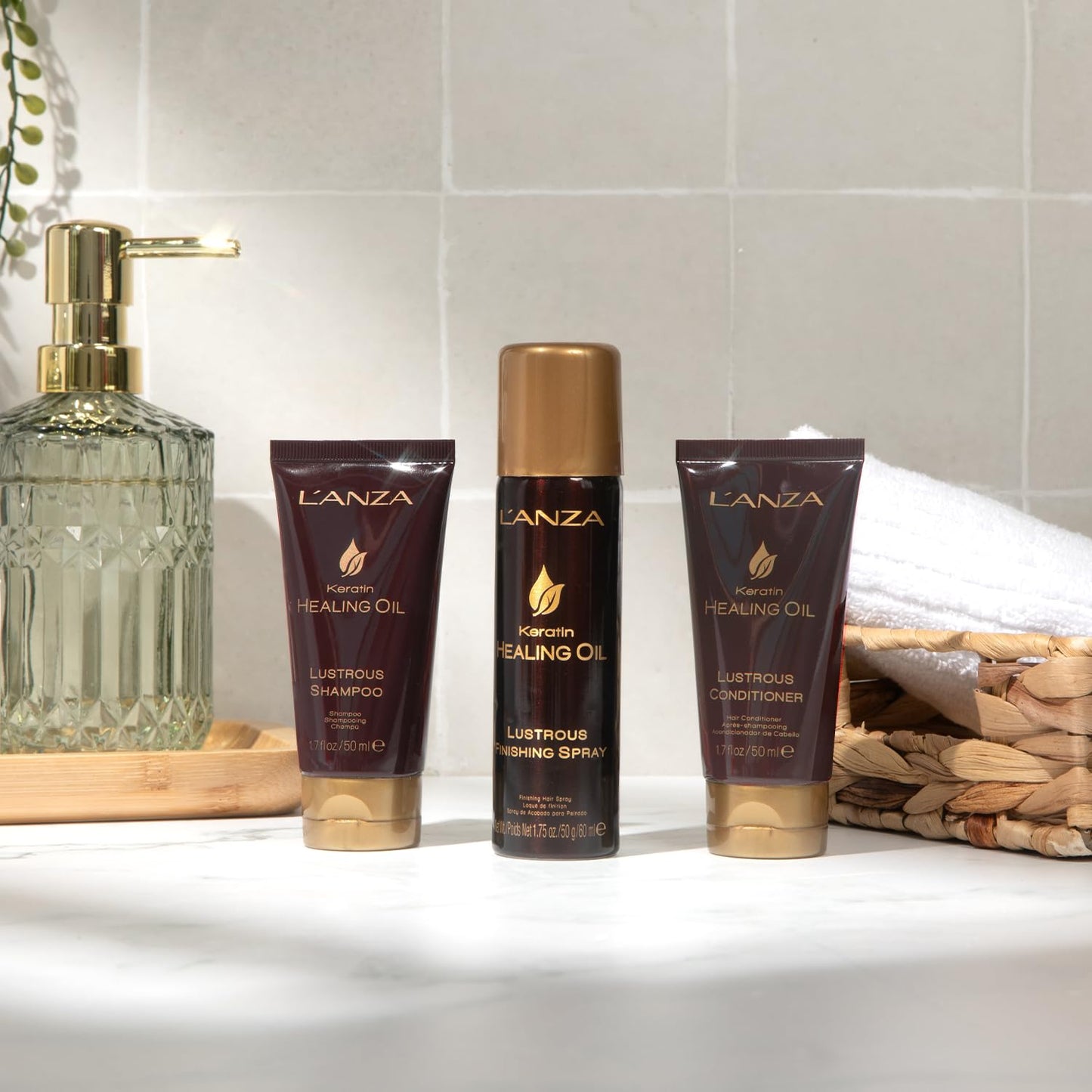 L'ANZA Keratin Healing Oil Mini Trio Hair Kit, Lustrous Keratin Shampoo, Conditioner & Finishing Hairspray in a Gift Box, Luxury Hair Care Kit for Dry, Damaged Hair (1.7/1.7/2 Fl Oz)