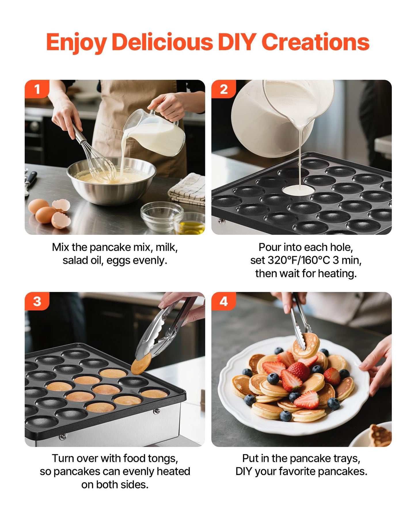 VEVOR Mini Pancake Maker, 25PCS 43mm Diameter Dutch Muffin Waffle Baker, Non-stick Stainless Steel Poffertjes Grill, Commercial Electric Dorayaki Machine, Temp & Time Control, Home Kitchen Restaurant