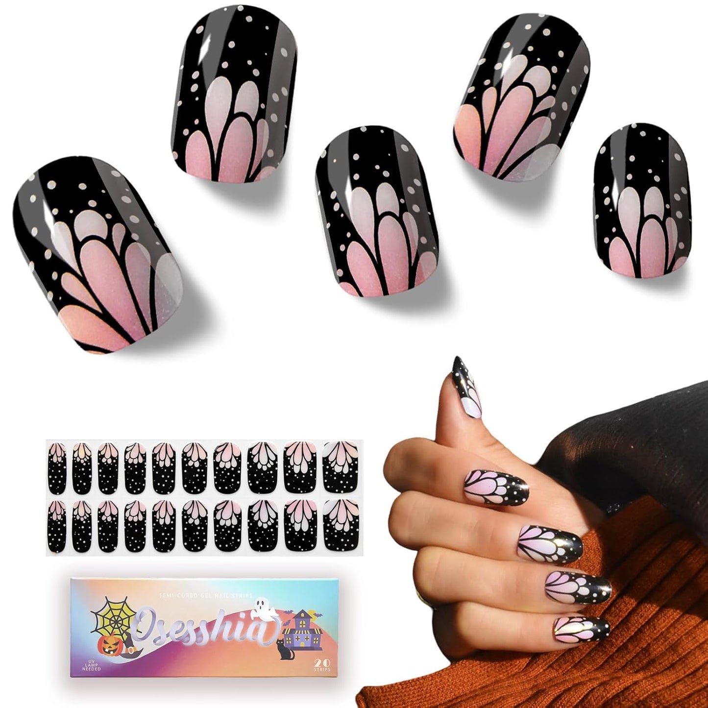 Semi Cured Gel Nail Strip Starter Kit - 60 Nail Stickers, UV Lamp & Tools for Salon Quality Christmas Nails