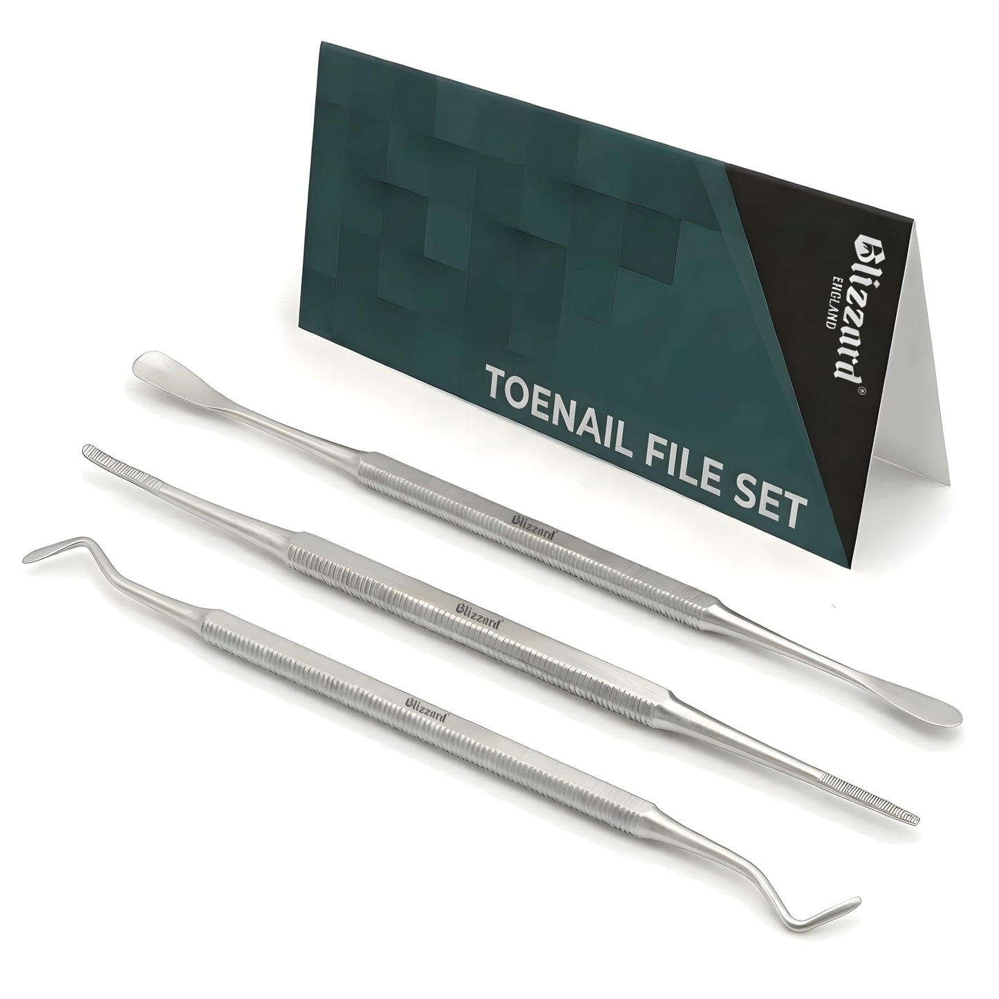 Blizzard Premium Blacks File Pedicure Set – 3-Piece Ingrown Toenail Kit - Double-Sided Toenail Cleaner, Nail File & Nail Lifter – Stainless Steel Podiatry Tools - Professional Foot Care Nail File Set