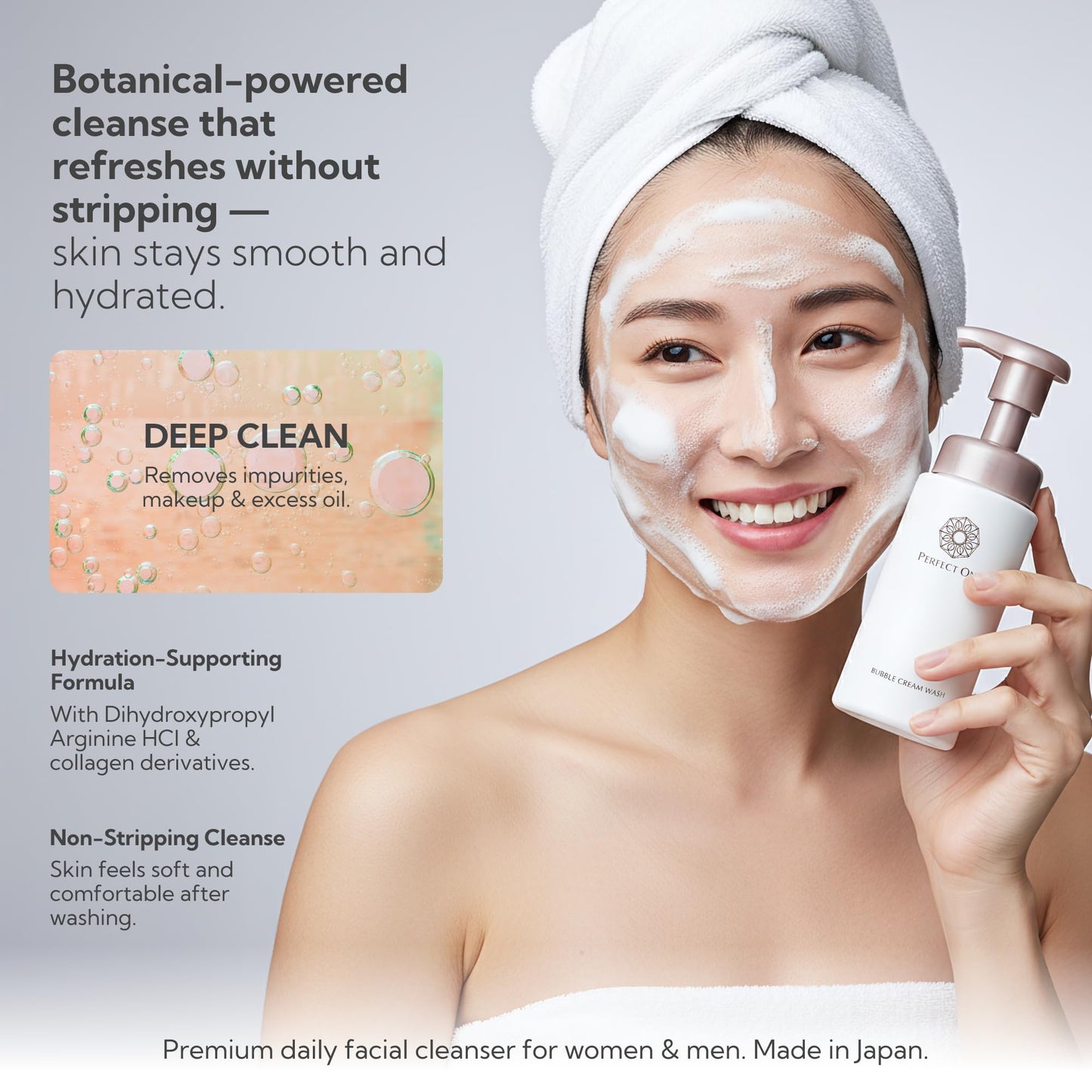 PERFECT ONE Bubble Cream Face Wash, Gentle Foaming Facial Cleanser with Ultra-Fine Microbubbles, Hydrating Facewash and Makeup Remover, Gentle Formula for All Skin Types – 7.01 fl oz