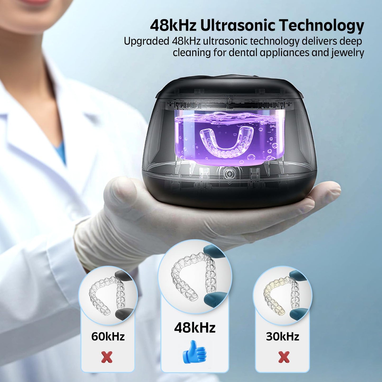 Ultrasonic Retainer Cleaner Machine 48kHz Denture and Aligner Cleaning Pod for Mouth Guards Night Guards Dental Trays Braces Toothbrushes Jewelry with 200ML Capacity (Black)
