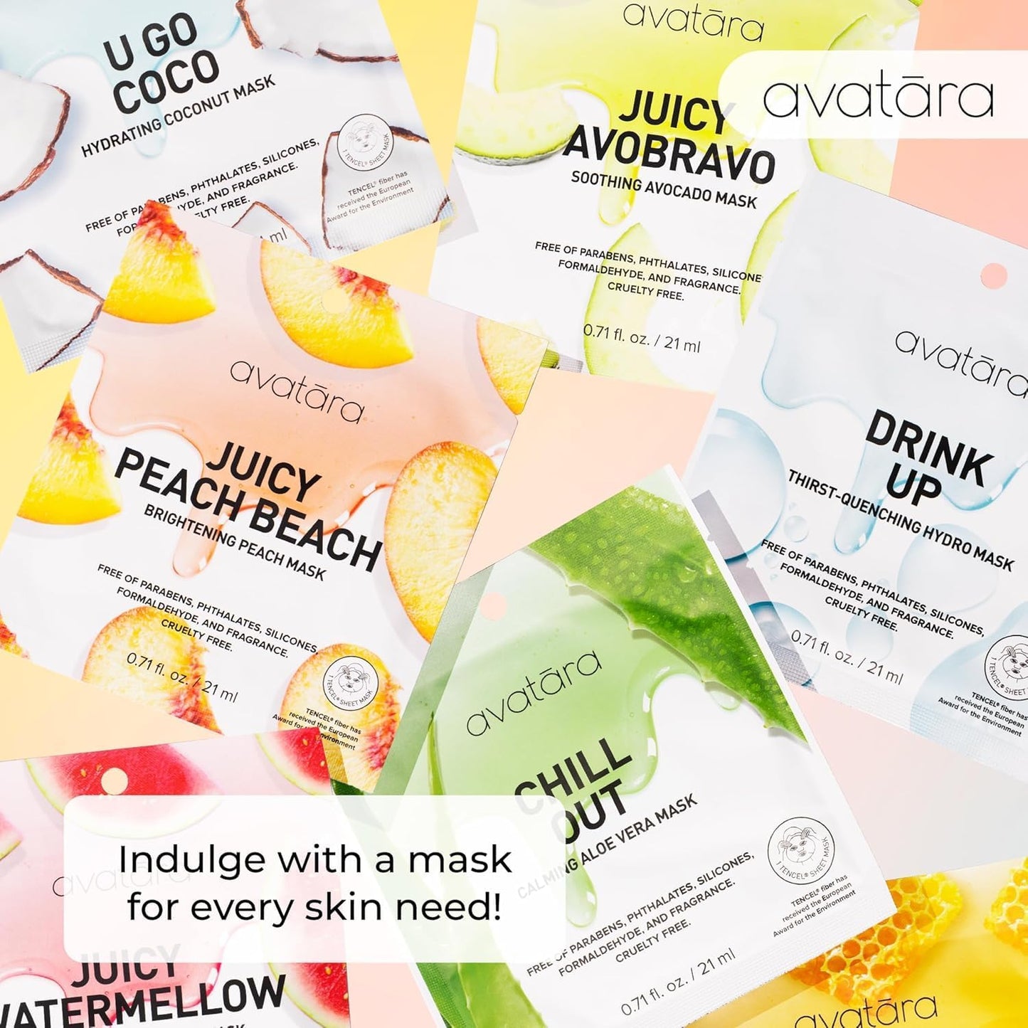 Avatara All-Star Sheet Mask Variety 8-Pack - Hydrating Korean Beauty Face Masks for Tweens and Teens - With Watermelon, Peach, and Aloe - Cruelty-Free, Synthetic Fragrance-Free