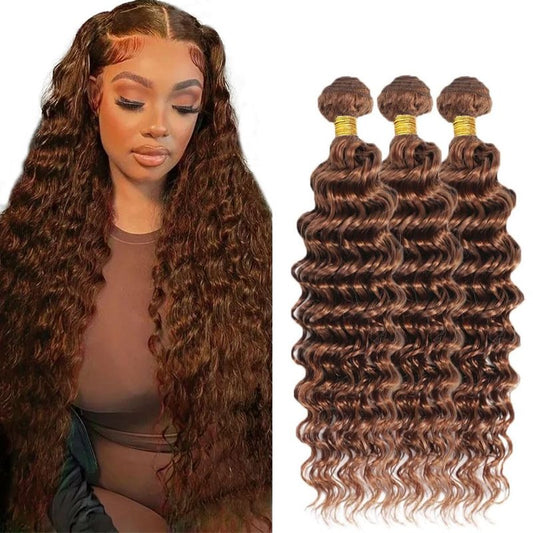 Color #30 Bundle Light Brown Deep Wave Human Hair Bundles Light Brown Bundle Color #30 Loose Deep Wave Bundles Human Hair Extensions 14 14 14 Inch