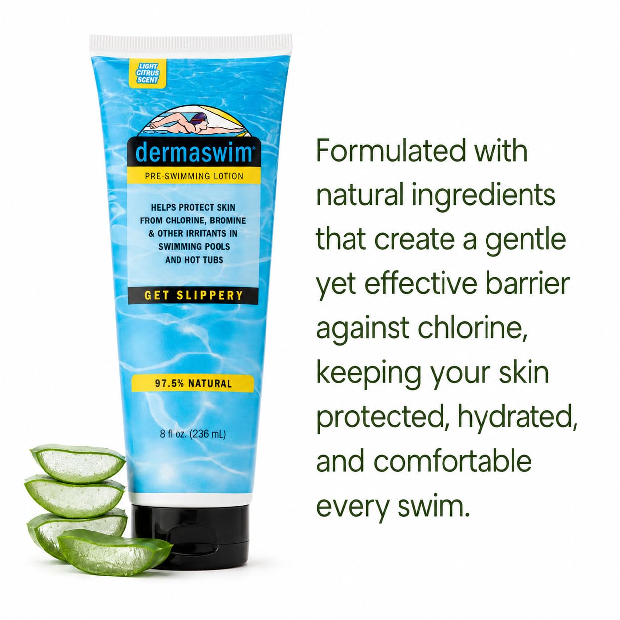 DERMASWIM Pre-Swim Lotion for Chlorine Protection – 8 fl oz | 97.5% Natural & Paraben-Free | Vitamin-Enriched with Aloe & Green Tea | Shields & Moisturizes Skin Before Swimming in Pools or Hot Tubs