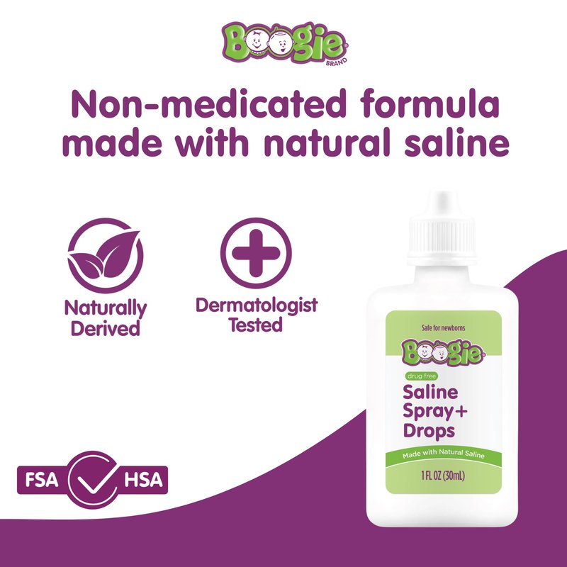 Boogie Baby Saline Nasal Spray and Drops, Allergy Relief, Nasal Spray Decongestant, FSA/HSA Eligible, Made with Natural Saline, 1 Ounce (Pack of 2)
