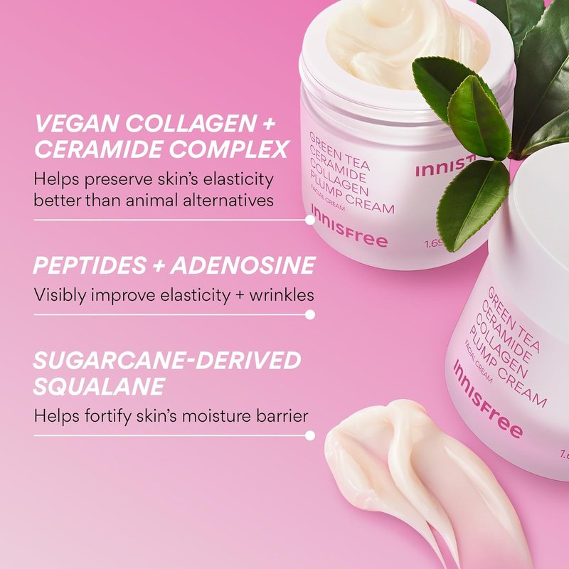 Innisfree Green Tea Ceramide Collagen Plump Cream - Korean Face Moisturizer for Youthful Skin Glow