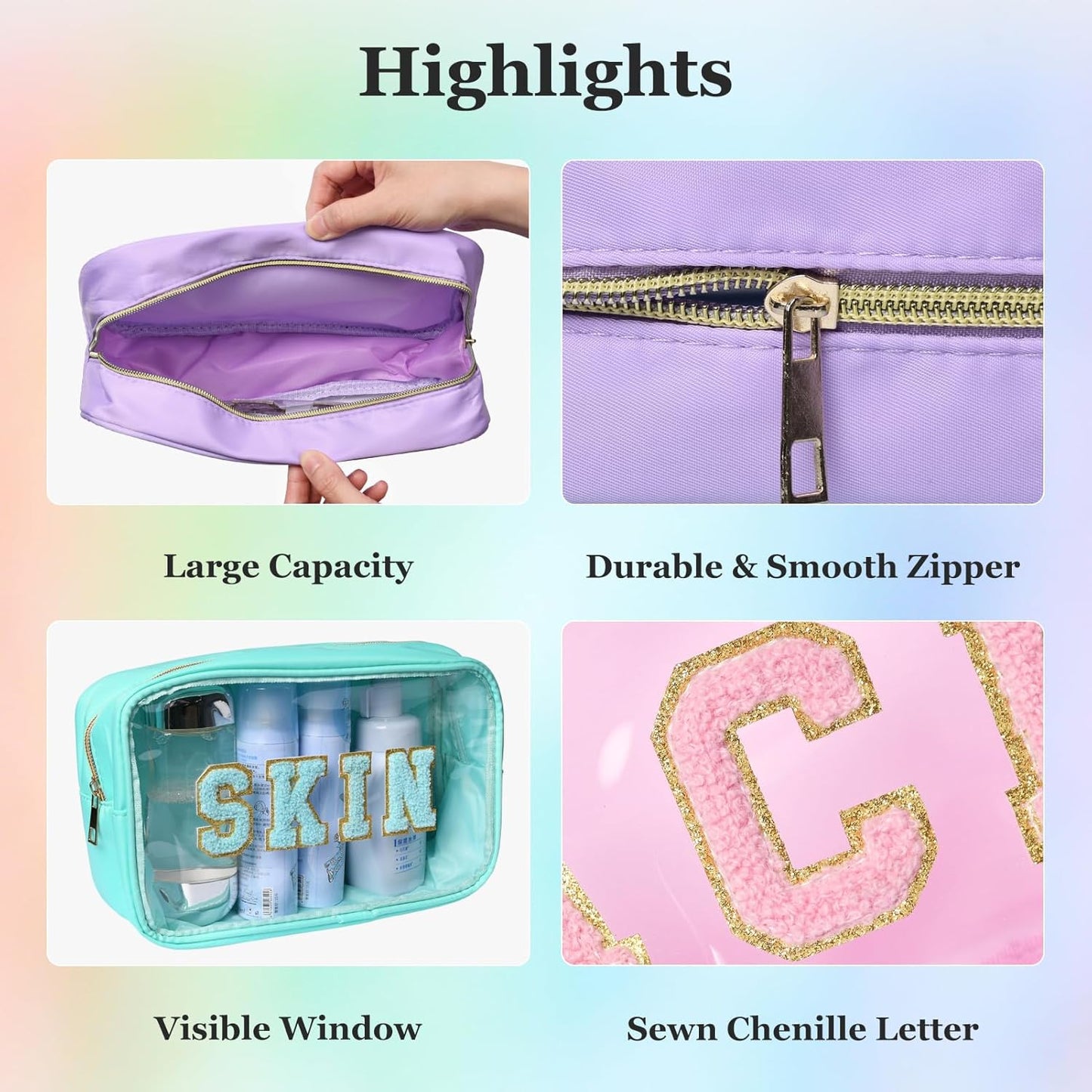 Storage Bags for Skin and Hair | Waterproof Nylon Makeup Pouch Set - 4 Colors: Light Green, Purple, Pink, Khaki
