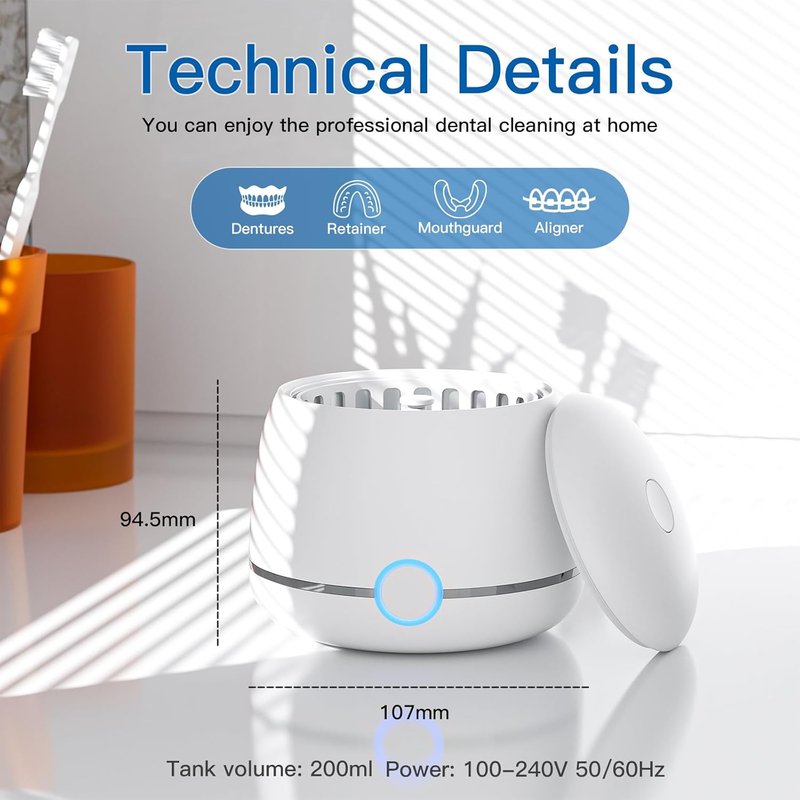 Denture Cleaner Machine - 45kHz Ultrasonic Jewelry & Mouthguard Cleaner | 200ml with Timer