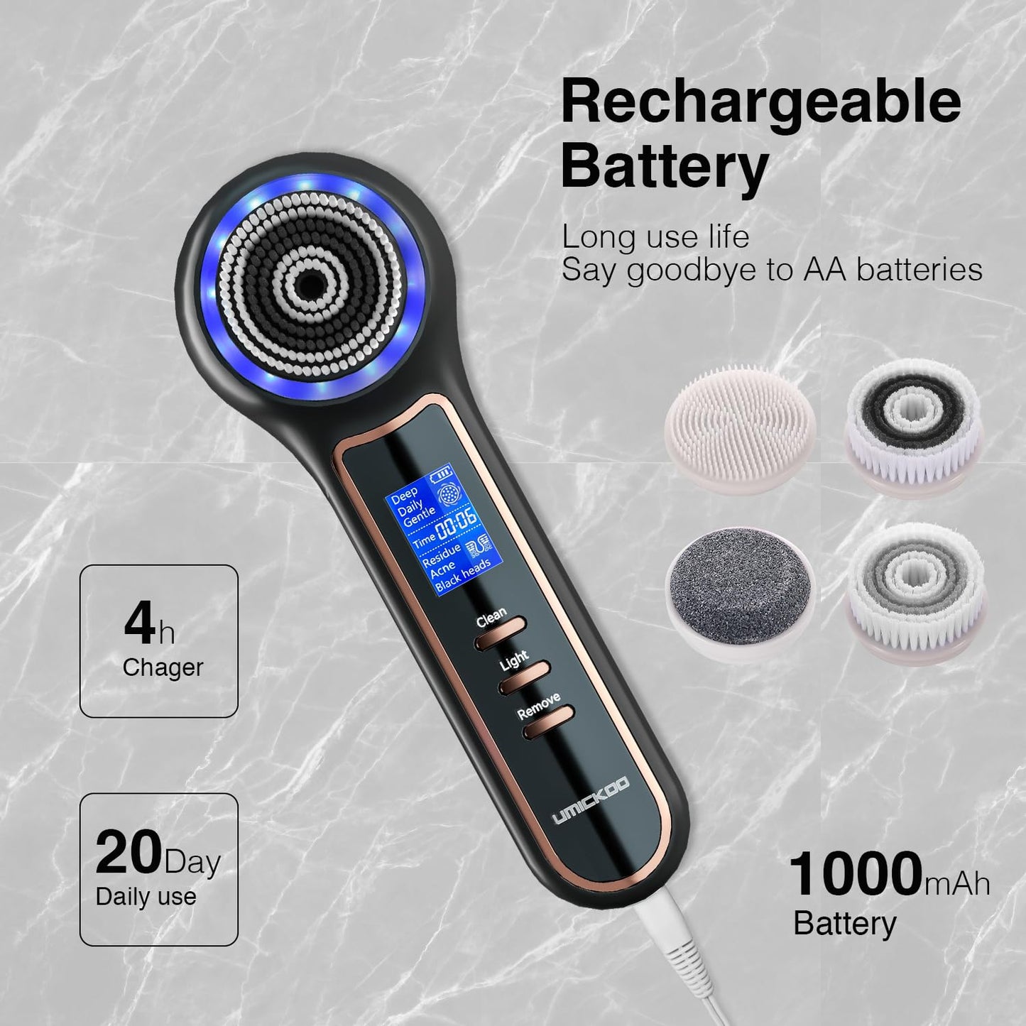 UMICKOO Face Scrubber Exfoliator,Facial Cleansing Brush Waterproof with LCD Screen,Blackhead Remover Vacuum with 5 Brush Heads,Face Spin Brush for Exfoliating (White-Blue)