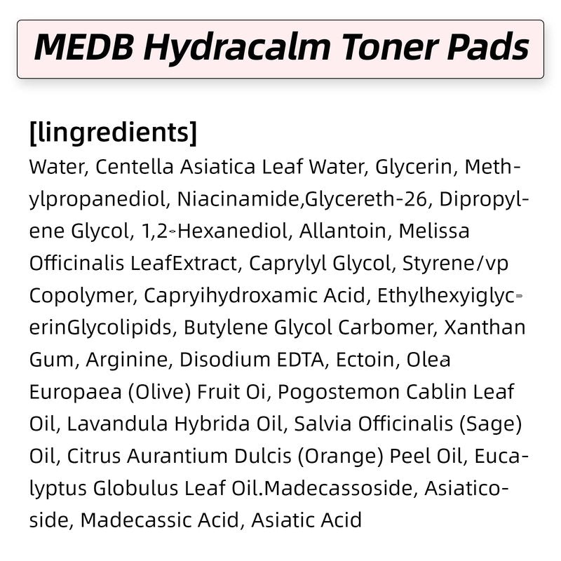 MEDB Hydracalm Toner Pads - 60 Counts Exfoliating Face Pads with BHA & PHA for Acne & Breakouts, 40% Centella Asiatica for Sensitive Skin, Hydrating, Alcohol-Free, Korean Skin Care