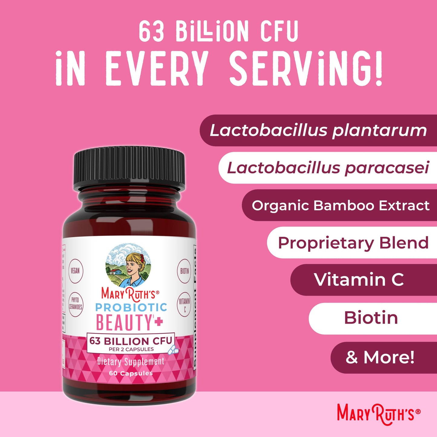 MARYRUTH'S Probiotic Beauty Capsules + Red Orange Complex & Ceramosides | Vegan Collagen Support | Anti Aging | Gut Health | Hair Skin and Nails Vitamins | Skin Care | Biotin | Non-GMO | 60 Count