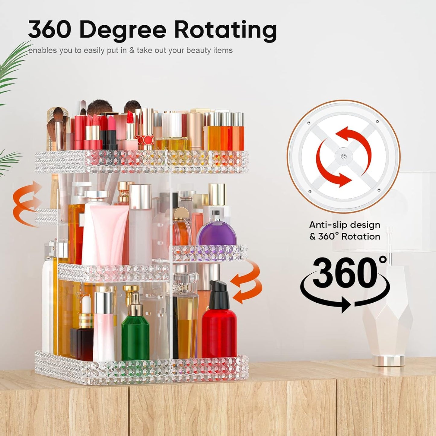 DALEMKY 360 Rotating Makeup Organizer - Black Acrylic Makeup Storage for Vanity, Cosmetic Organizer with Lotion and Perfume Holder for Dresser