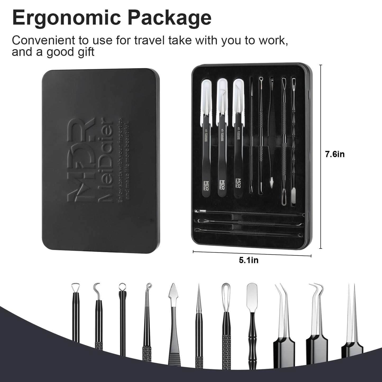 Meidaier 11Pcs Blackhead Remover Kit, Stainless Steel Acne Comedone Extractor with 10X Magnifying Glass & 20 75% Alcohol Pads, Pimple Whitehead Blemish Removal, Anti-Slip Handle & Storage Box