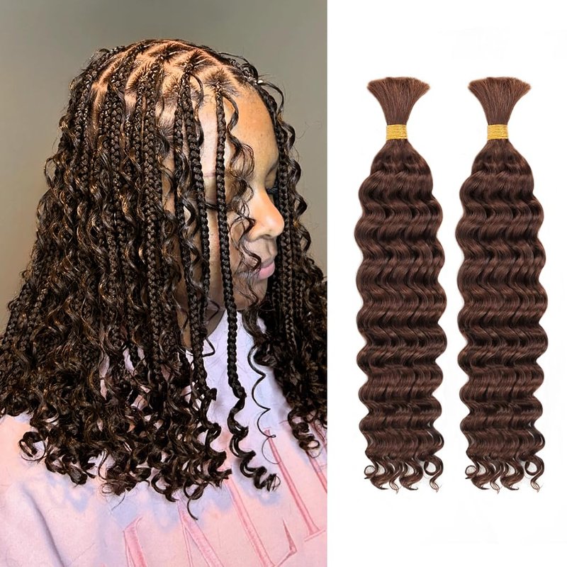 Human Braiding Hair - 10A Brazilian Virgin Deep Wave for Boho Knotless Braids | 2 Bundles, 16 Inches, Medium Brown