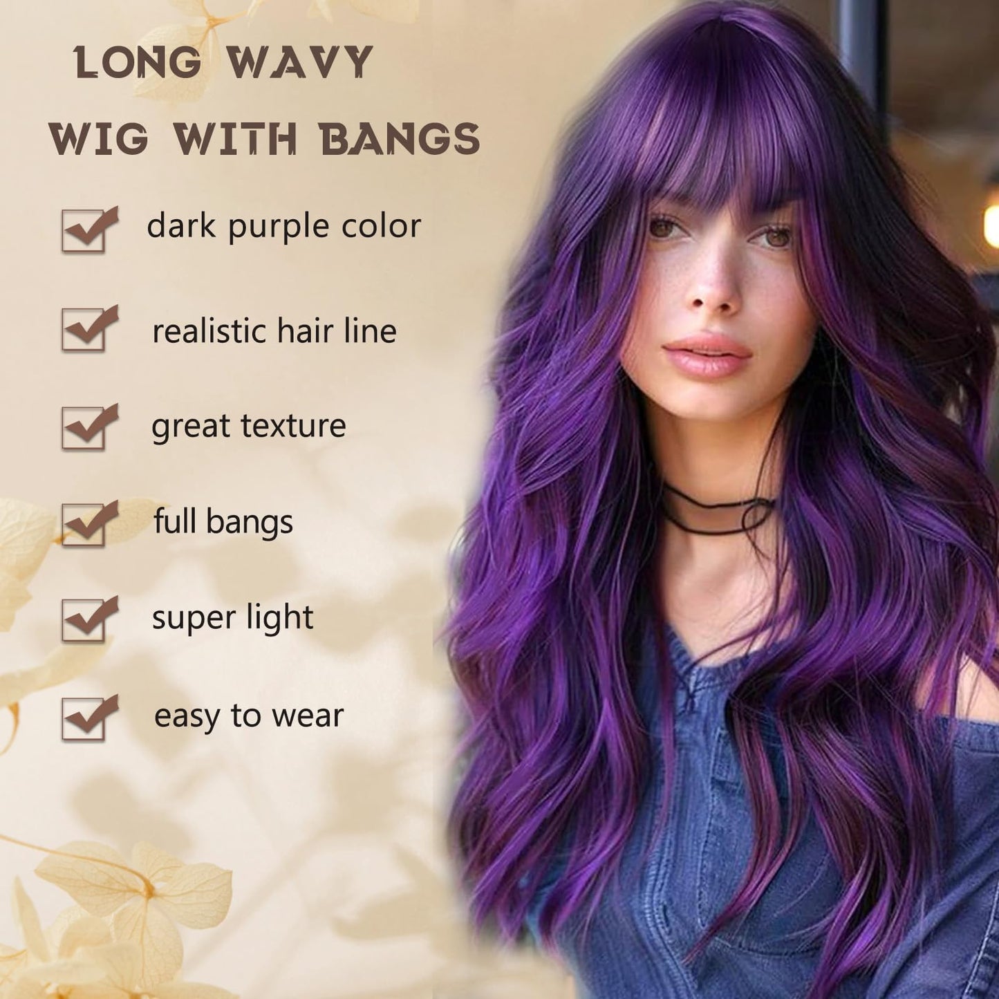 MINSEEYOO Dark Purple Wig with Bangs for Women Long Purple Wavy Wigs 26 Inch Dark Purple Wigs Natural Looking Heat Resistant Synthetic Wig for Daily Party Use