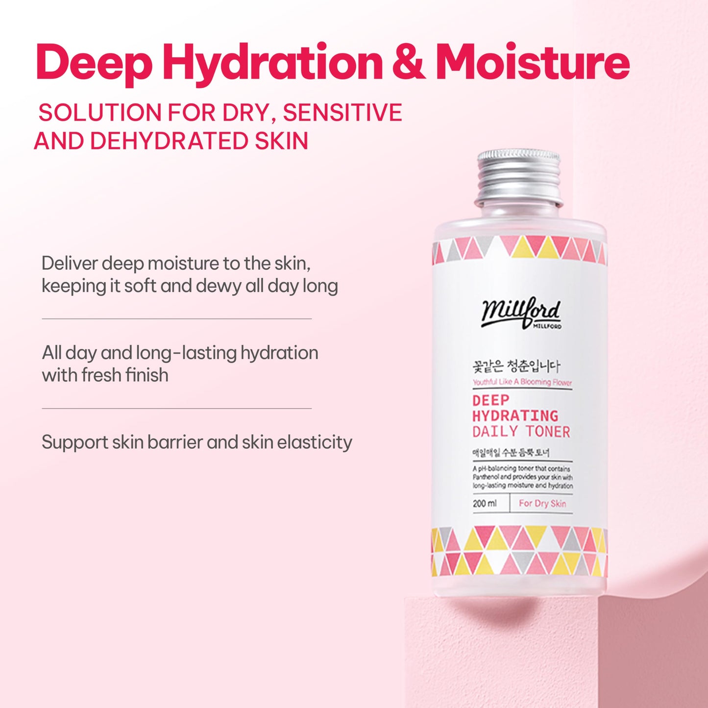 Millford Deep Hydrating Daily Toner 6.76 fl oz (200 ml) - pH-Balancing, Alcohol-Free & Fragrance-Free Toner with Panthenol (Vitamin B5) & Betaine to Strengthen Moisture Barrier, Korean Skincare