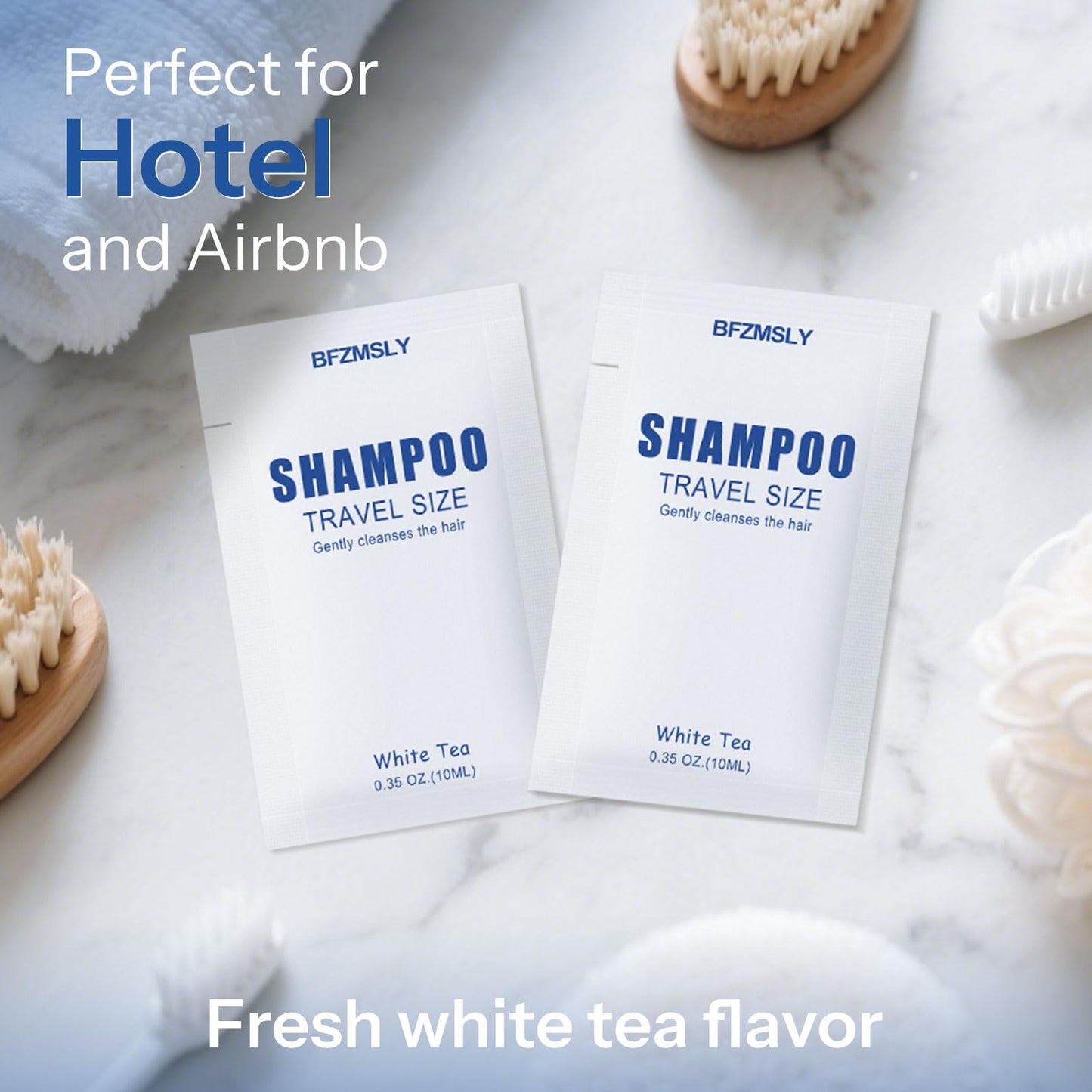 BFZMSLY 200 Pack Travel Size Shampoo Packets Bulk (0.35oz, White Tea Scent) – Mini Individual Pack TSA Approved Toiletries for Travel, Gym & On-the-Go Hair Care