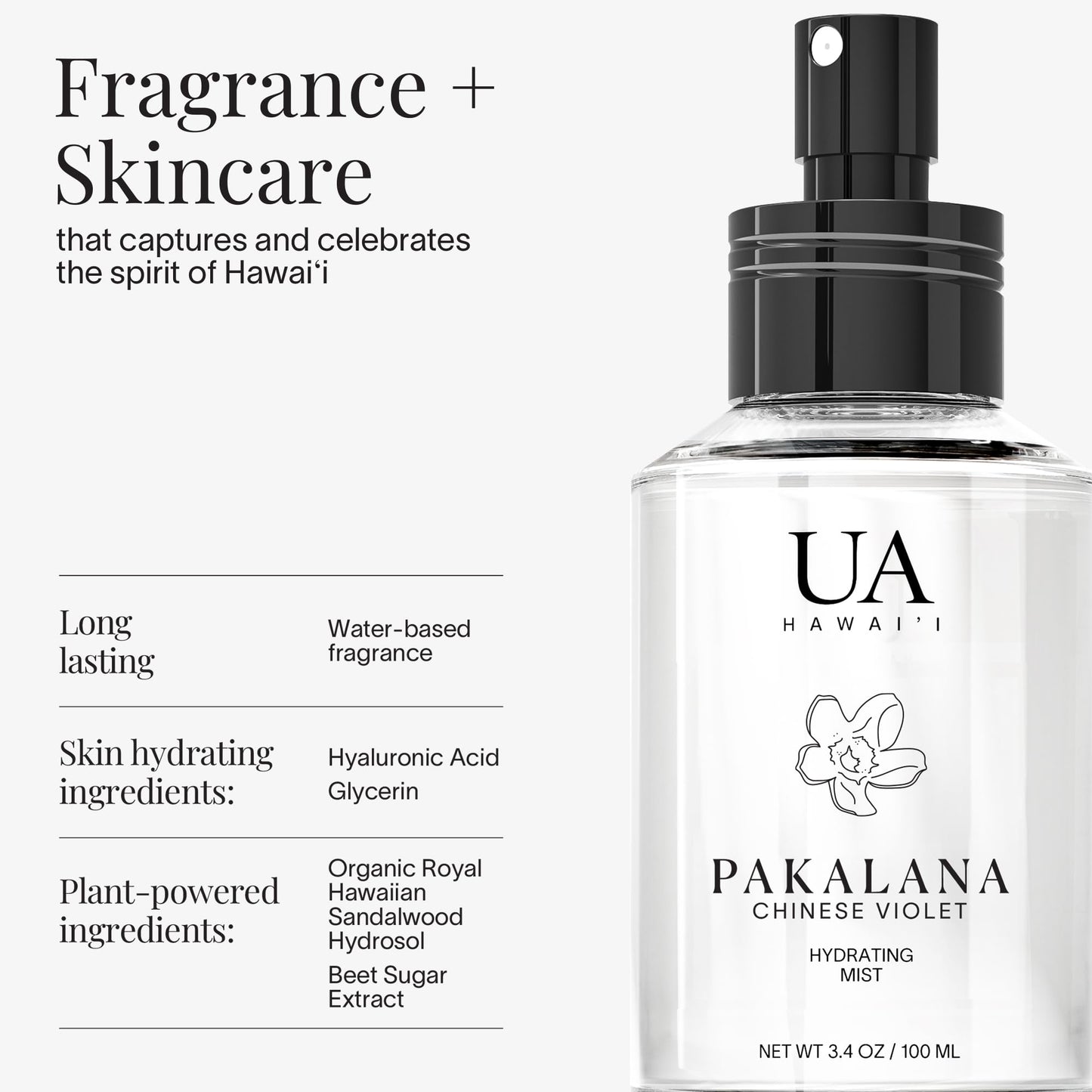 Pakalana Chinese Violet Body and Hair Mist from Hawaii, Hair Perfume for a Light, Hydrating Refresh, Body Mist for Women and Men, Alcohol-Free, With Moisturizing Hyaluronic Acid & Glycerin, 3.4 oz