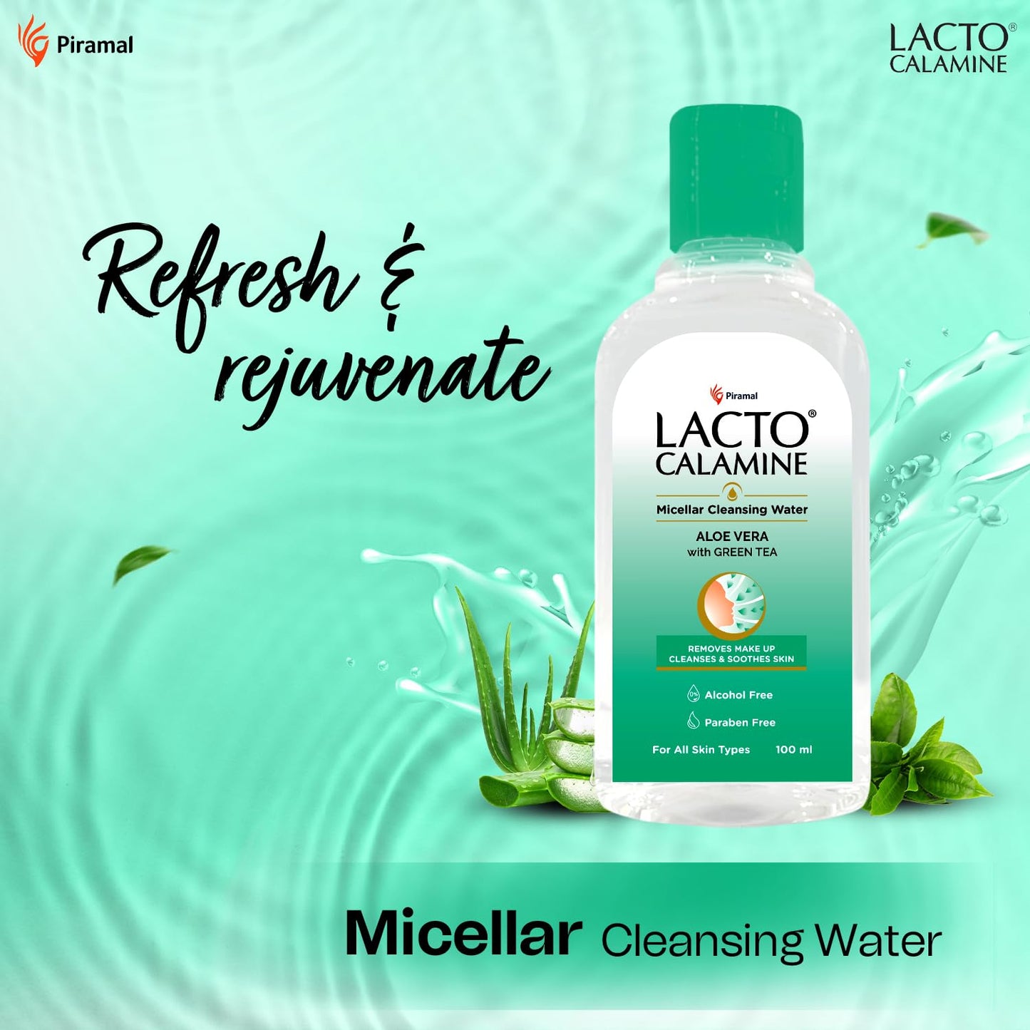 Lacto Calamine Micellar Water Makeup Remover with Aloe Vera, Green Tea and Niacinamide – 3.38 fl oz (100 ml)