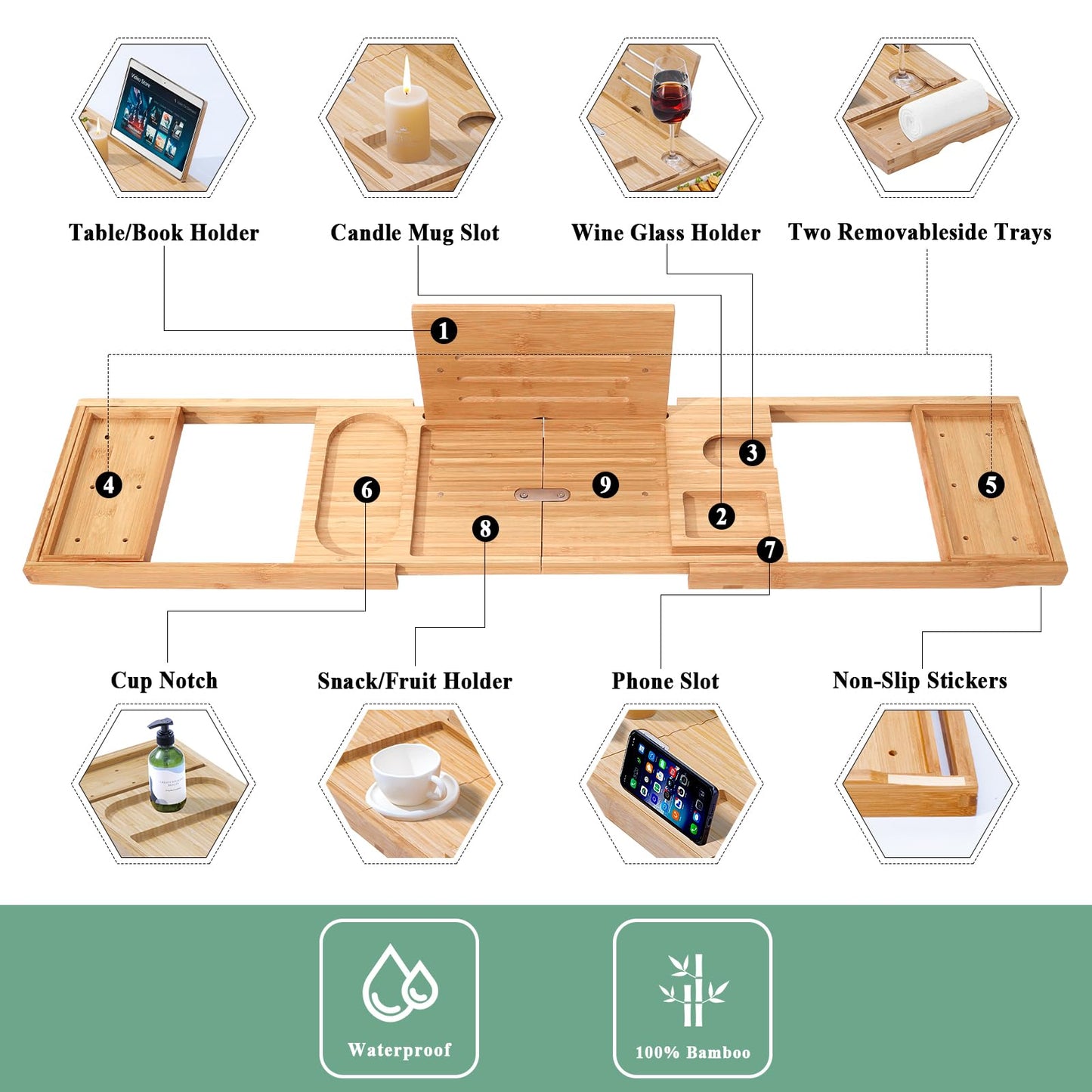AUTODECO Bathtub Tray, Bamboo Bath Tray for Tub, Expandable Bath Tray with Bamboo Book Stand, Soap Tray, Bathtub & Bathroom Accessories Perfect for Home Spa, Natural Colour