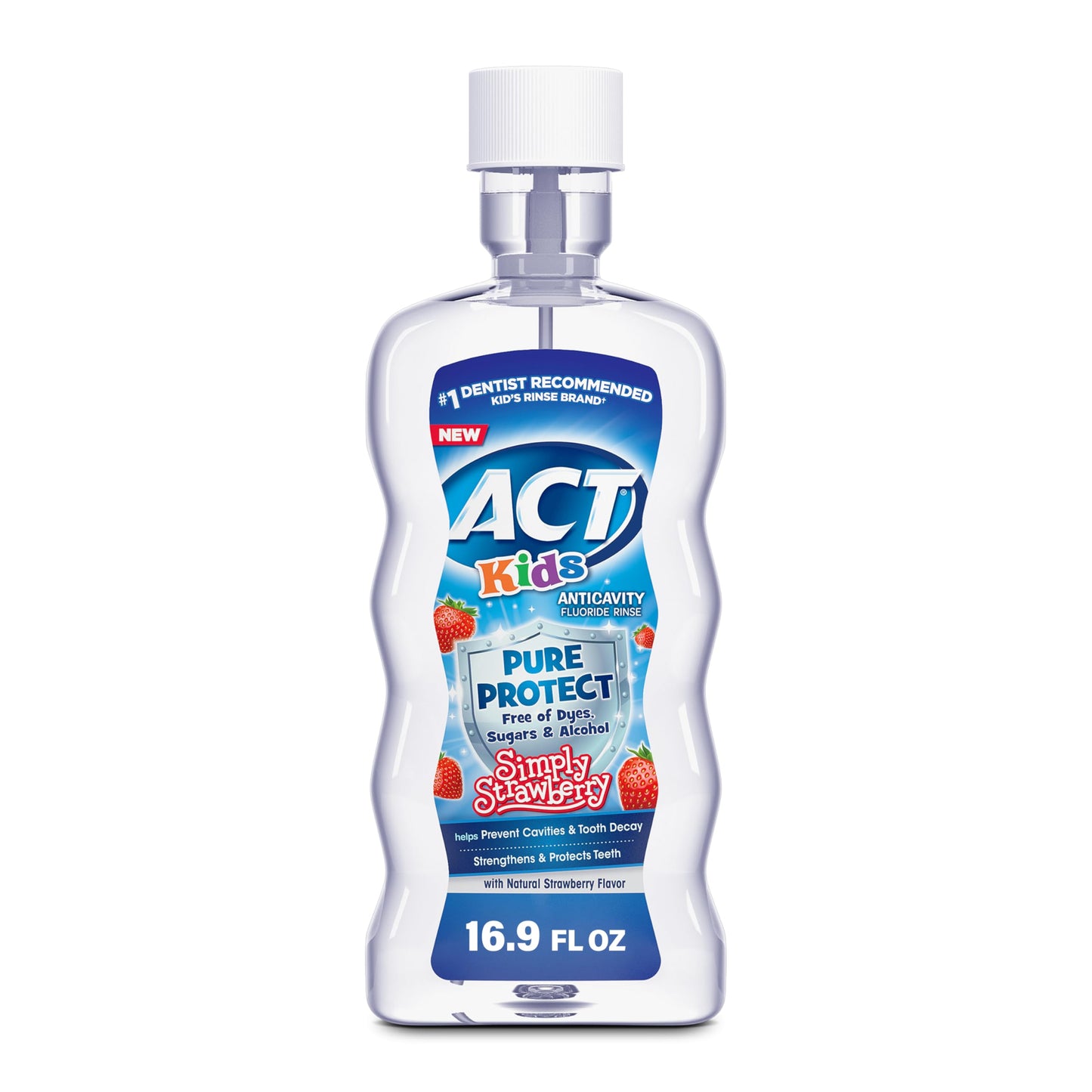 ACT Kids Pure Protect Anticavity Fluoride Mouthwash, Free of Dyes, Sugars & Alcohol, Simply Strawberry, 16.9 fl. oz.