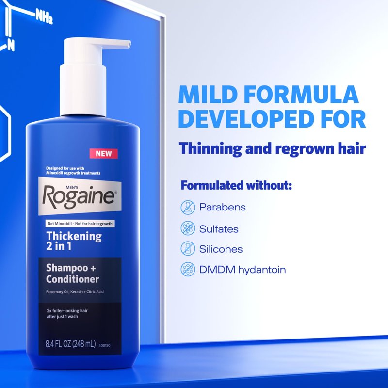 Rogaine Men's Thickening 2 in 1 Shampoo + Conditioner, Hair Thickening Shampoo & Conditioner with Rosemary Oil, Keratin & Citric Acid Leaves Hair Visibly Thicker, Not Minoxidil, 8.4 fl. oz