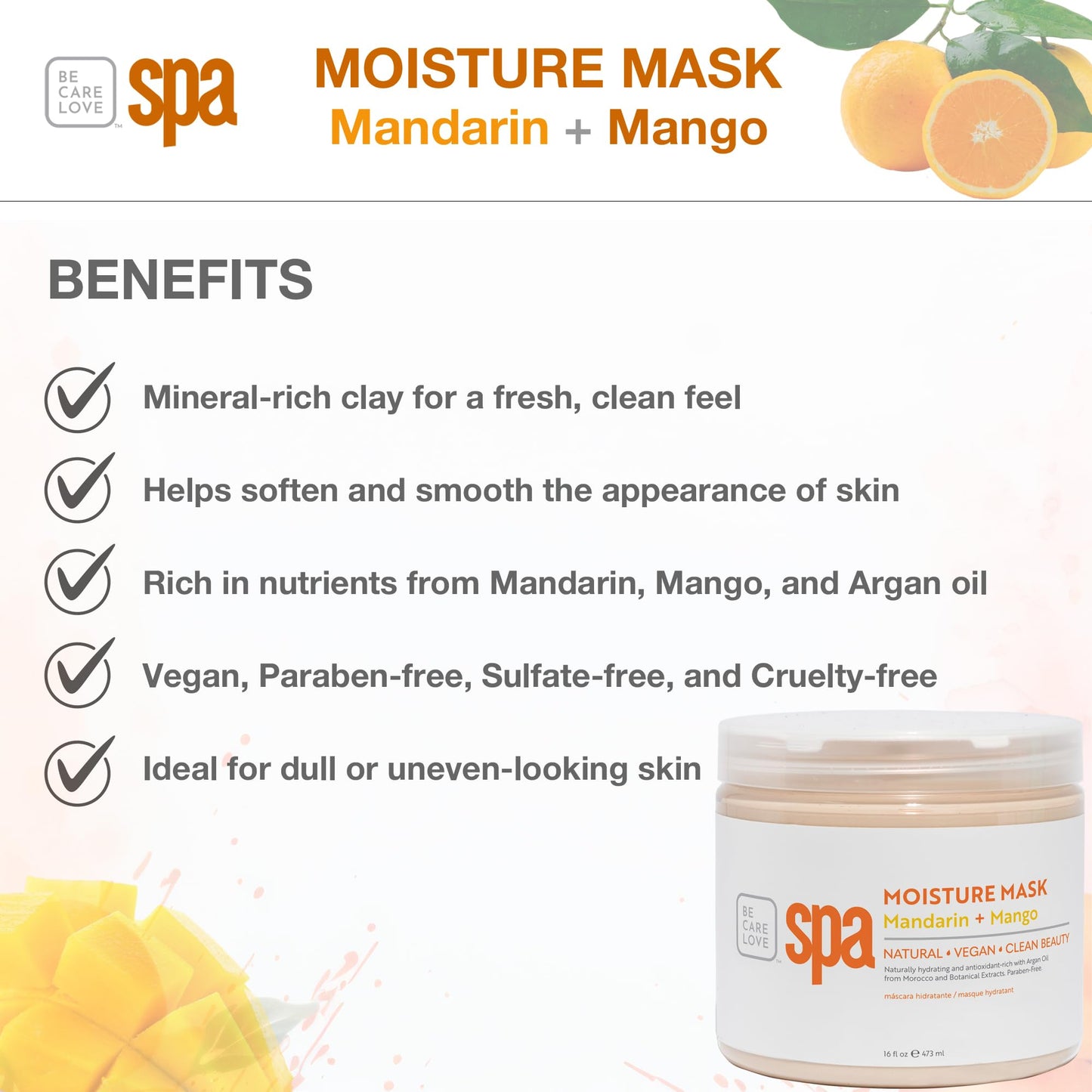 BCL SPA Organic Mandarin and Mango moisture mask for hands, foot mask, and body mask skin care spa treatment, home or professional use with argan oil, olive oil, aloe vera, cucumber, and kelp 16 fl oz