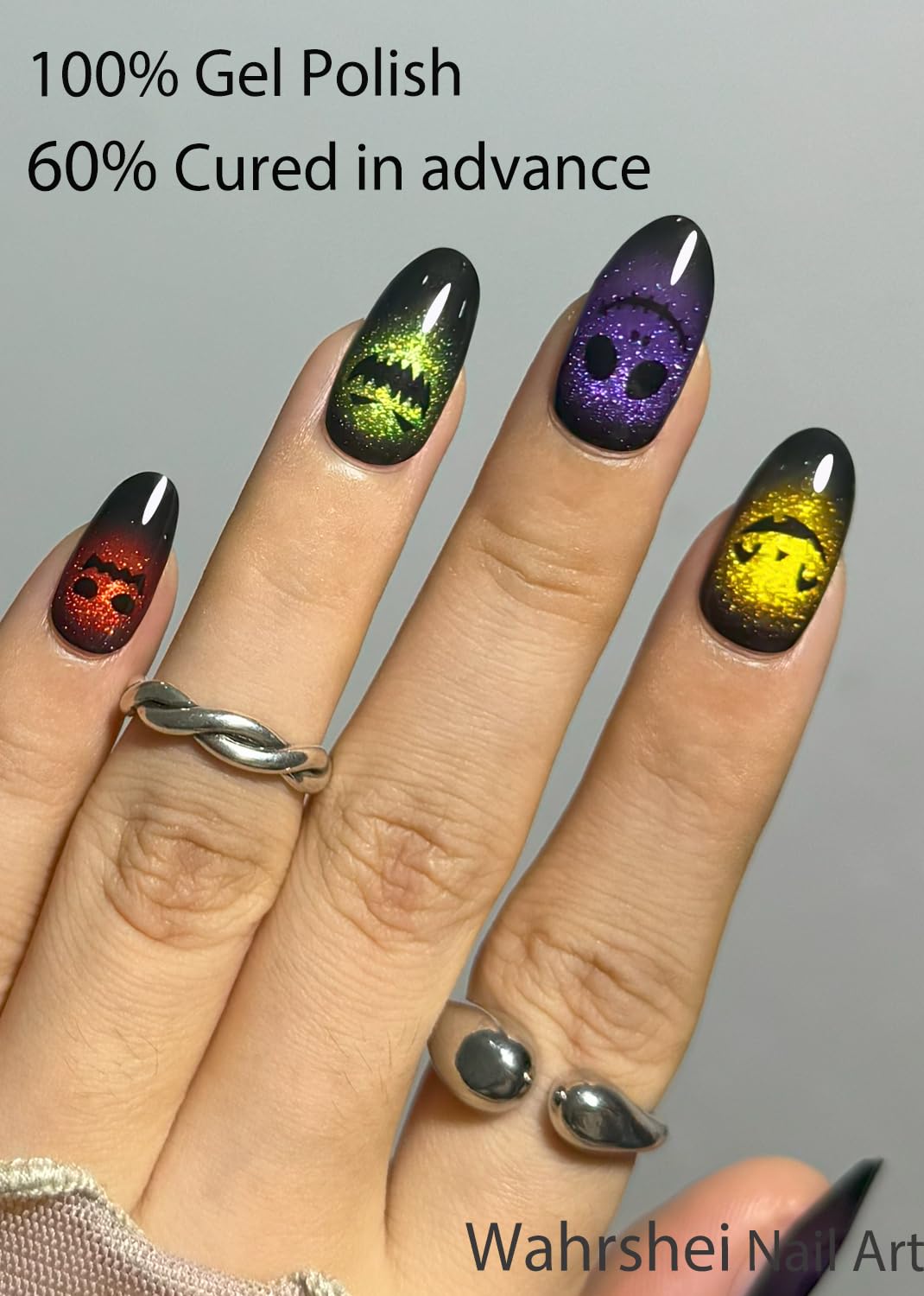 Semi Cured Gel Nail Strips, Cat Eye, Ghost Face 20pcs Adhesive UV Sticker, Wraps for Home Manicure DIY