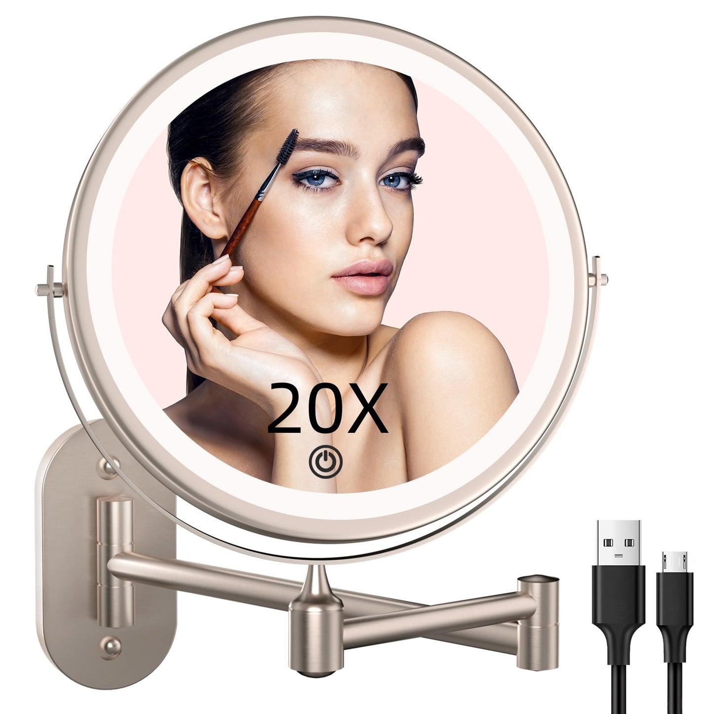 Wall Mounted Makeup Mirror with Lights - 8 Inch Rechargeable Vanity Mirror, 1X/20X Magnifying Dual-Sided, 3 Color Dimmable LED Lights, 4000mAh Battery, Brushed Nickel Finish for Bathroom & Bedroom
