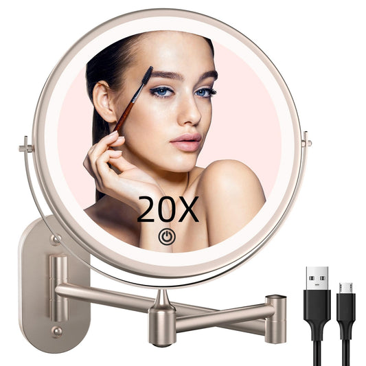 Wall Mounted Makeup Mirror with Lights - 8 Inch Rechargeable Vanity Mirror, 1X/20X Magnifying Dual-Sided, 3 Color Dimmable LED Lights, 4000mAh Battery, Brushed Nickel Finish for Bathroom & Bedroom