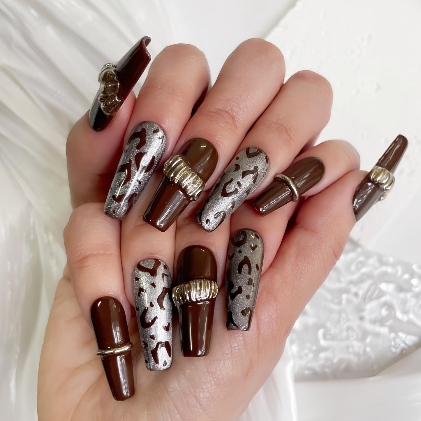 30PCS Handmade Press-On Nails – Long Coffin Dark Brown Leopard with Gold Accents – No Size Measuring Needed – Luxury Gift Set with Glue, Tools & Acrylic Box – Reusable Nail Kit for Women