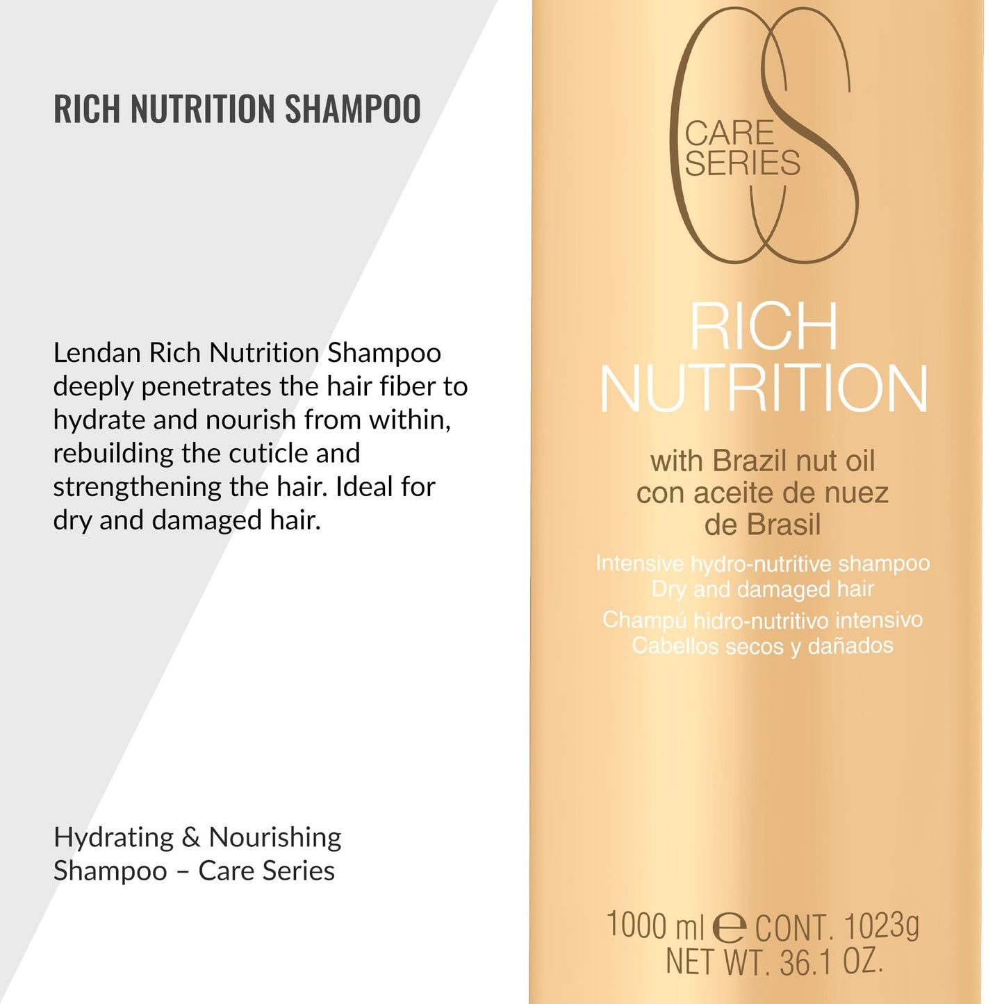 Lendan - Nourishing Shampoo - Rich Nutrition - 1000 ml - with Brazil Nut Oil - Deep Hair Hydration - Rebuilds the Hair Cuticle - Softer and Shinier Hair