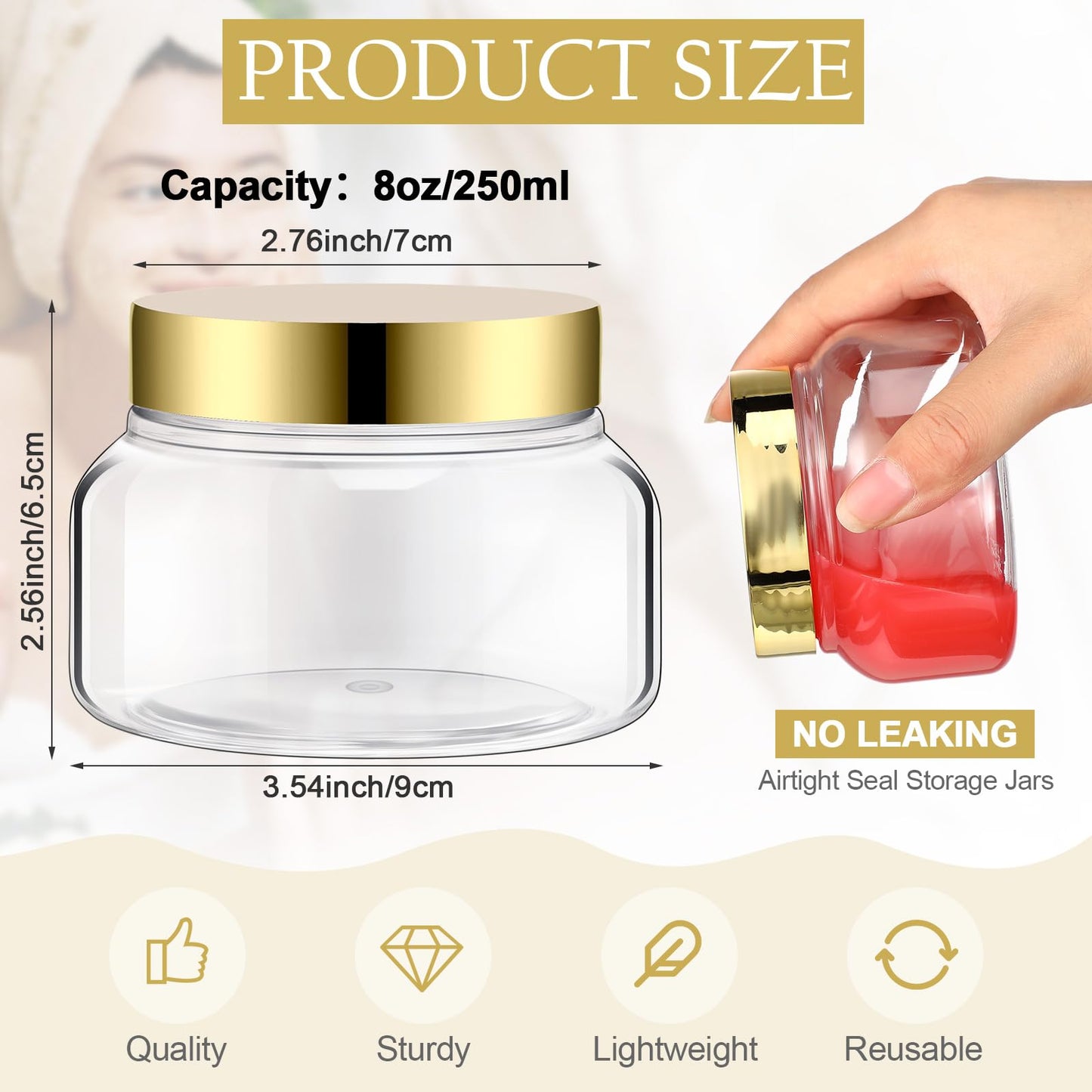 Mumufy 24pcs Plastic Jars with Lids Round Empty Containers Travel Containers for Creams Refillable Cosmetic Jars for Lotions Body Scrub Body Butter (8 oz,Gold,Clear)