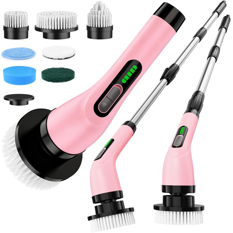 Highyes Electric Spin Scrubber for Cleaning Bathroom: Cordless Power Shower Scrubber - Electric Cleaning Brush for Tile Tub - Pink