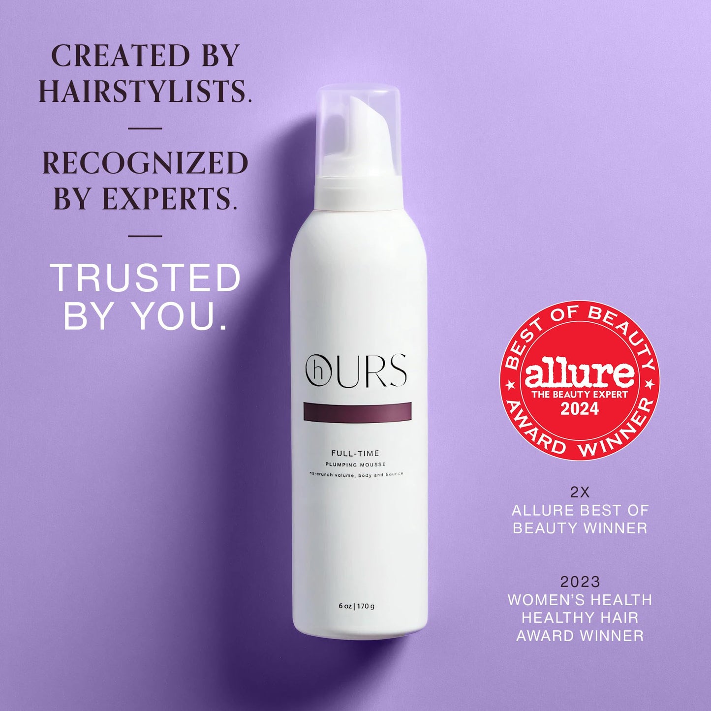 hOURS haircare Full-Time Plumping Mousse for Women | Professional Volumizing No Crunch Foam Long-lasting Volume Body & Bounce | Sulfate, Paraben, & Cruelty Free, Award-Winning Styling Product | 6 oz