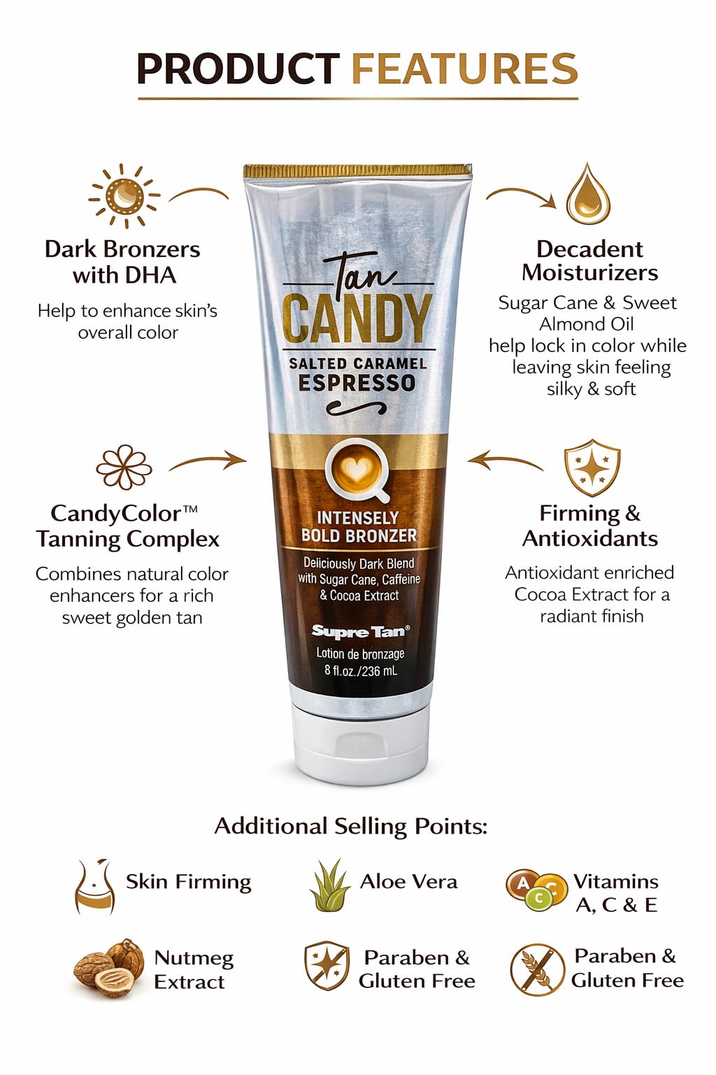 Supre Tan Candy Salted Caramel Espresso Intensely Bold Bronzer Dark Blend 8.5oz